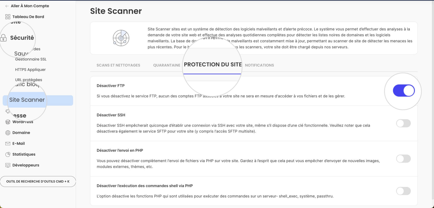 Options de Protection de site pour Site Scanner 