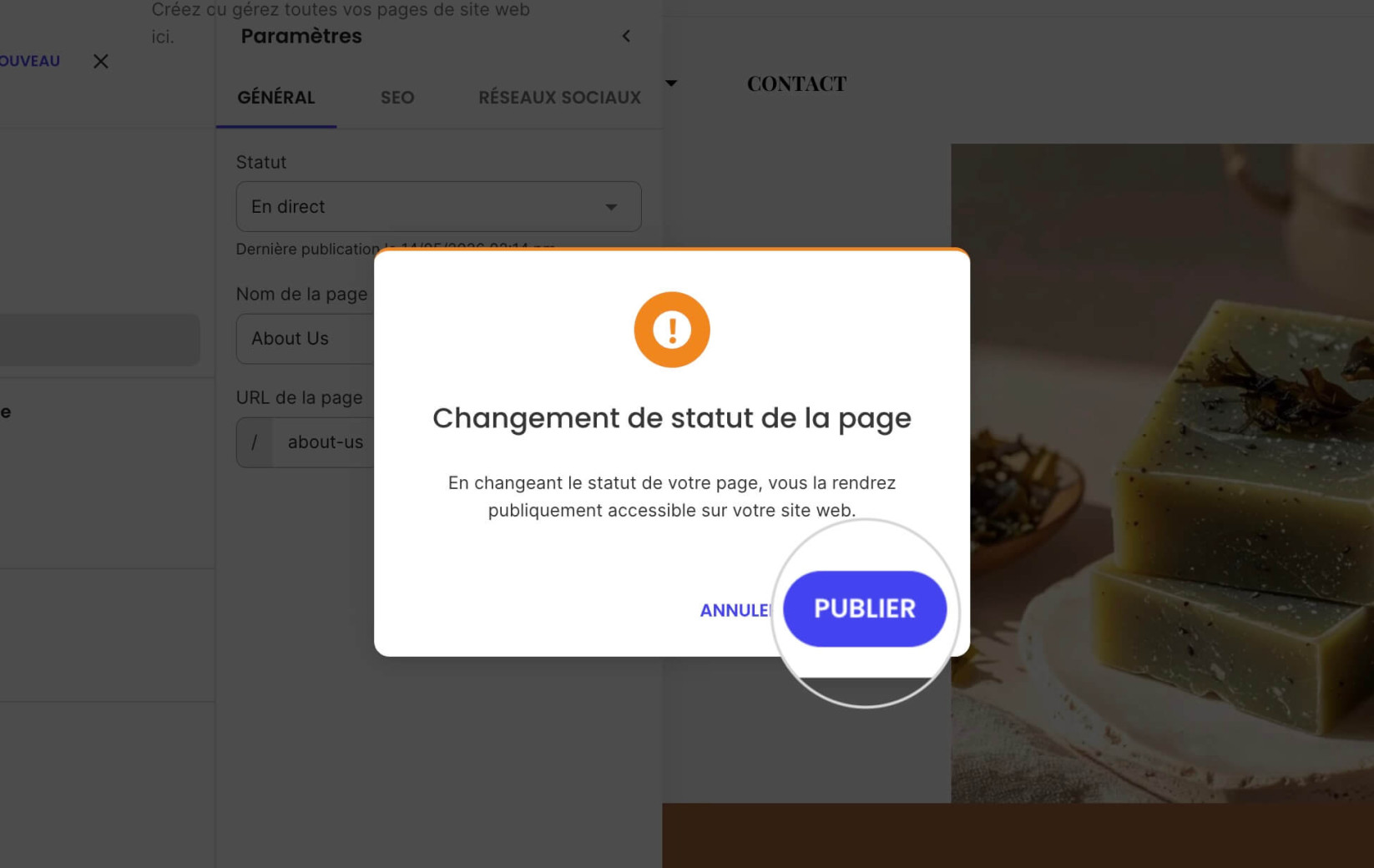 Écran de confirmation pour publier une page dans Website Builder