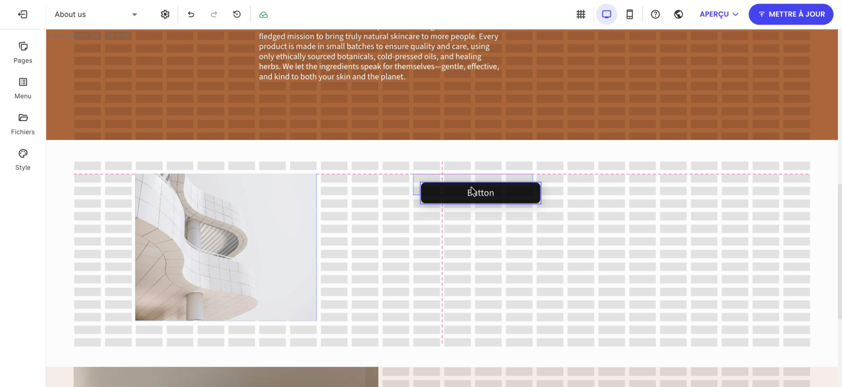 Une page dans Website Builder affichant un composant que vous pouvez glisser-déposer dans une zone de grille d'une section