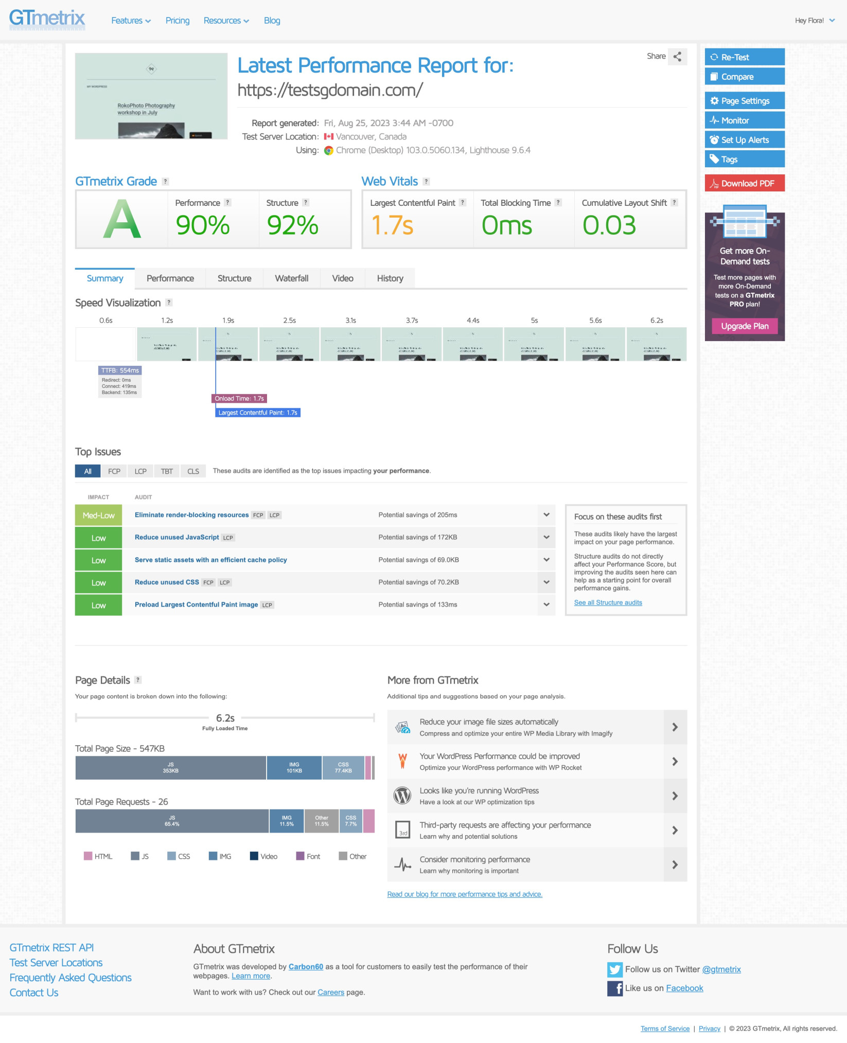 Capture d'écran d'un exemple de rapport de performances de GTmetrix