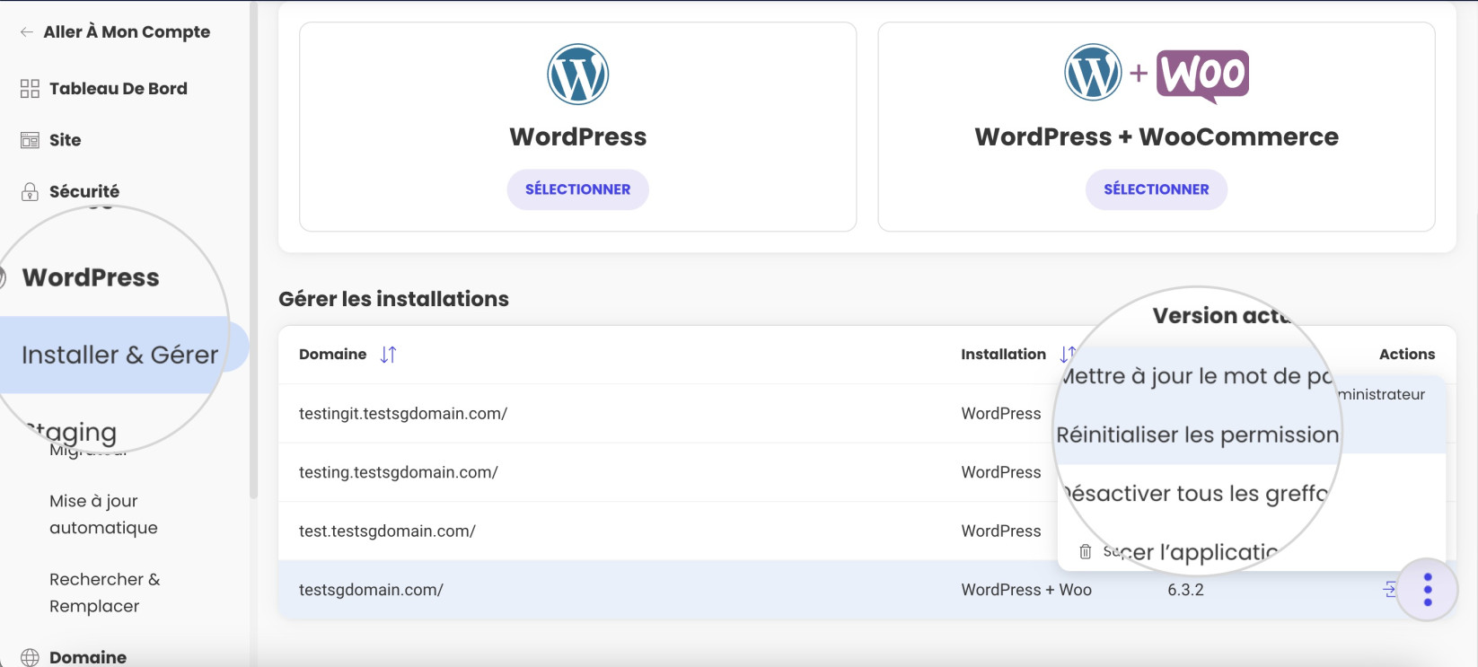 Capture d’écran illustrant l’utilisation de l’outil Réinitialiser les autorisations dans les outils du site pour résoudre l’erreur HTTP 405 « Méthode non autorisée »