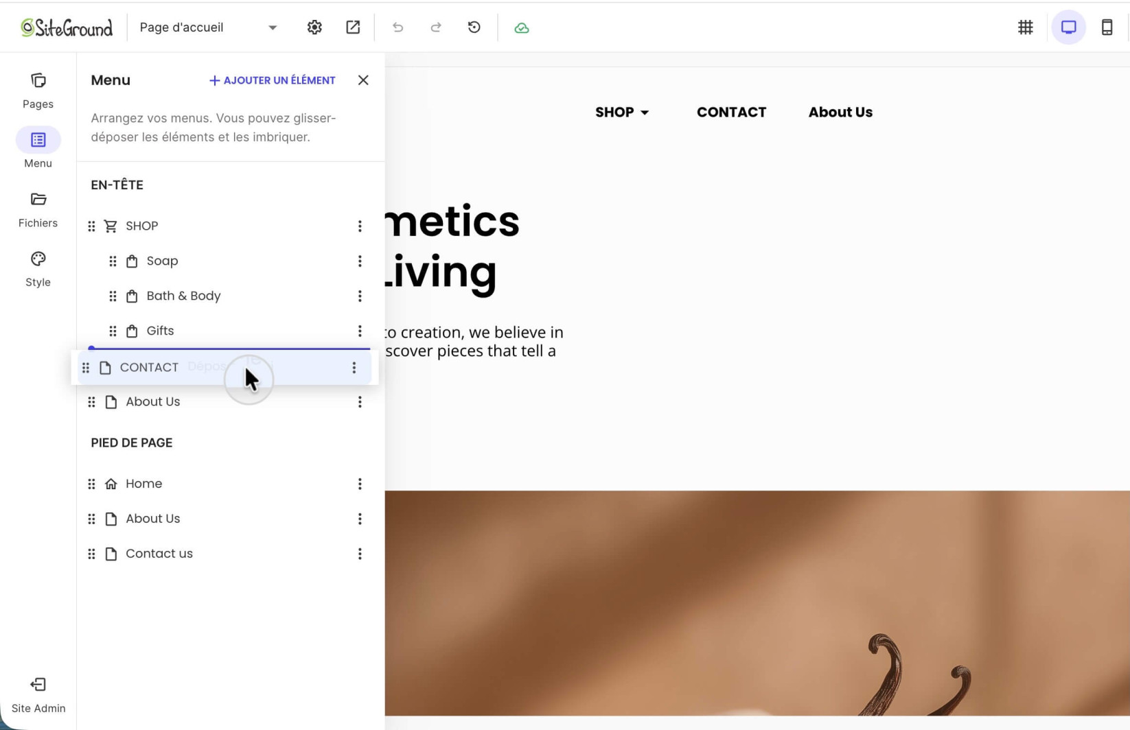 Réorganisation du menu de navigation dans Website Builder en faisant glisser et déposer les éléments du menu