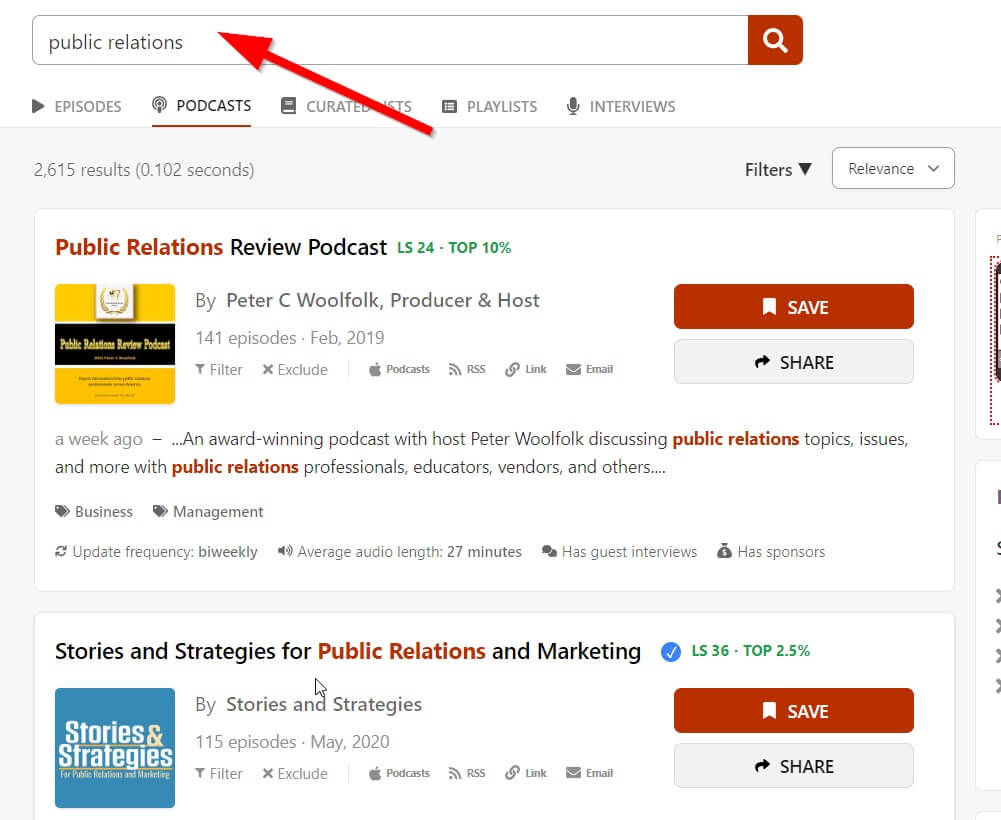 Page de résultats de recherche ListenNotes pour les podcasts liés aux relations publiques.