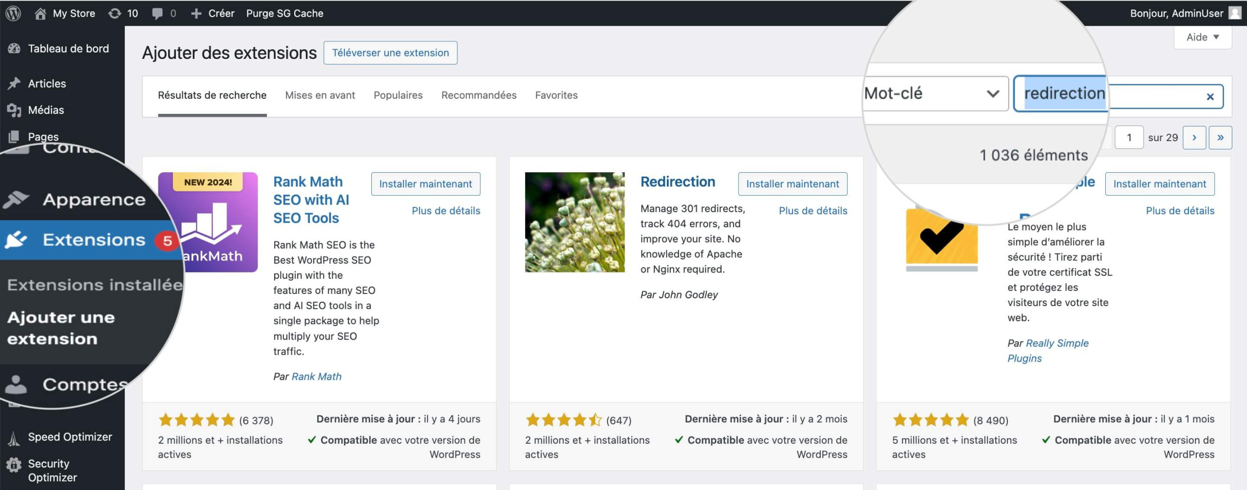 Résultats de recherche pour le plugin Redirection dans la section Extensions de WordPress