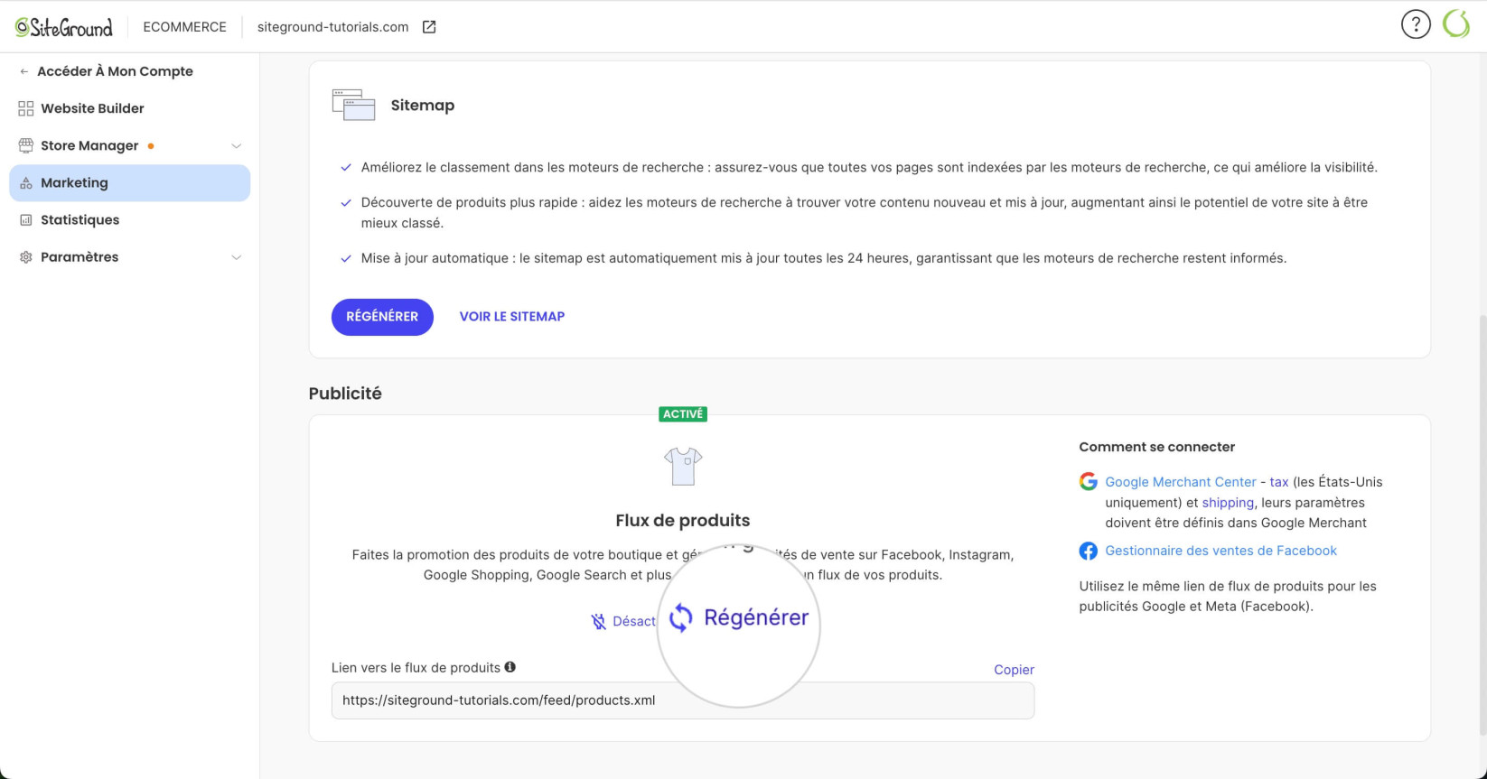 Section Marketing dans Site Admin pour SiteGround Ecommerce affichant le bouton Régénérer pour mettre à jour le fichier product feed
