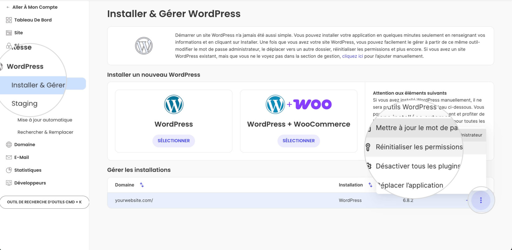 Outil de Réinitialisation des Permissions pour WordPress dans Site Tools
