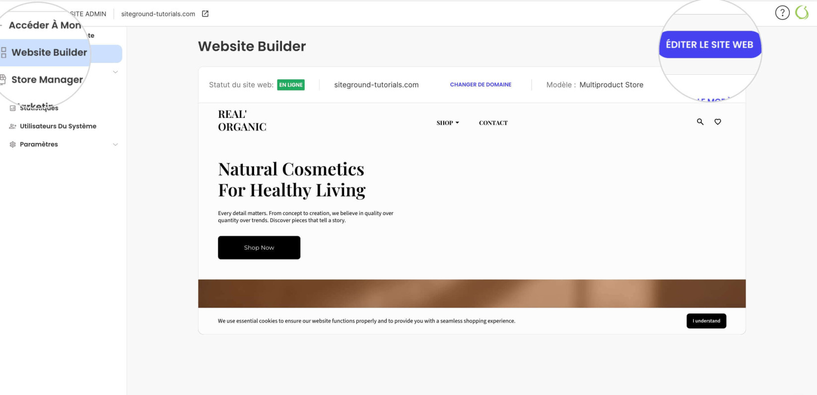 Bouton Éditer le site web dans Site Admin pour éditer les pages dans Website Builder et Ecommerce