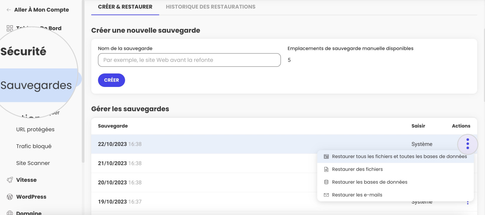 Capture d'écran de l'outil de sauvegarde dans les outils du site Restaurer tous les fichiers et bases de données pour corriger le problème HTTP 405 Méthode non autorisée