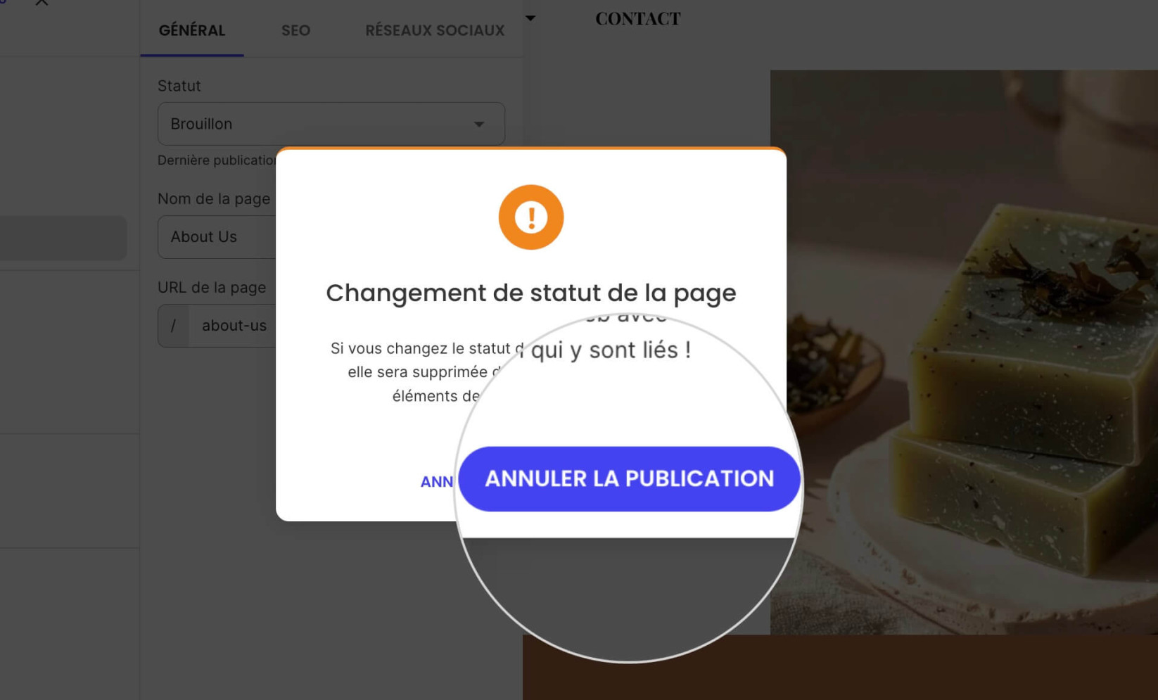 Écran de confirmation pour dépublier une page dans Website Builder
