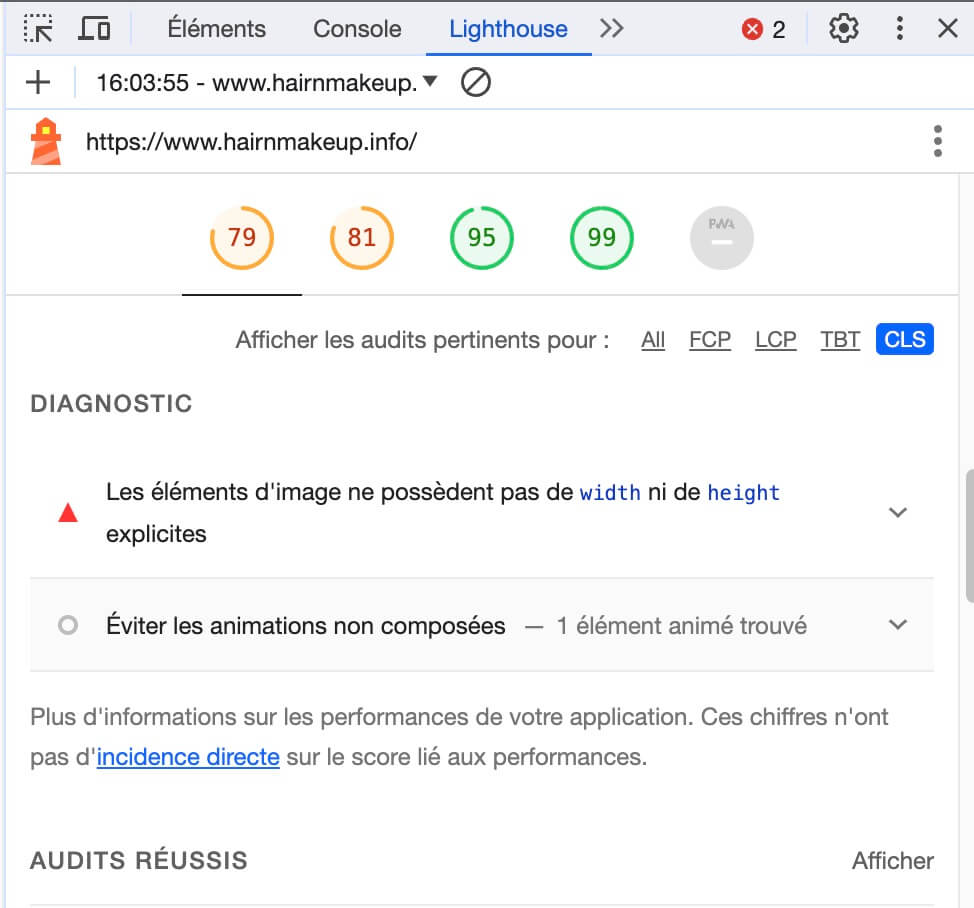 Capture d'écran montrant un résultat de test CLS avec Google Lighthouse
