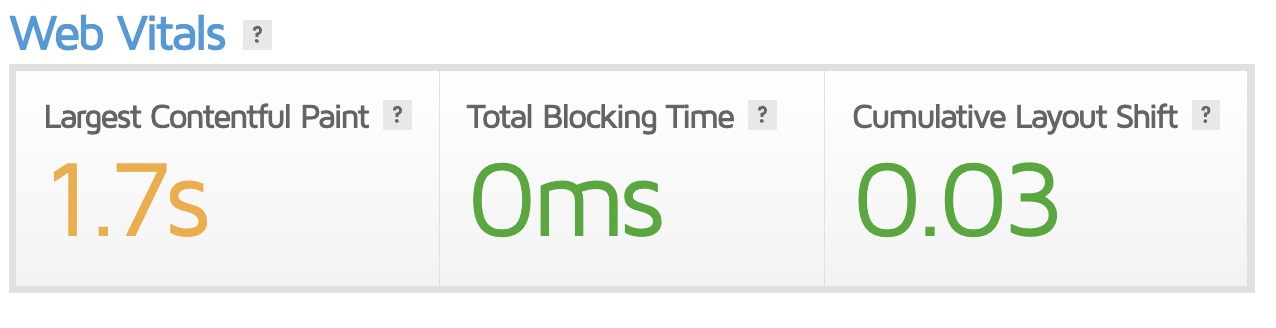 Capture d'écran d'un exemple de résultat de test GTmetrix Web Vitals