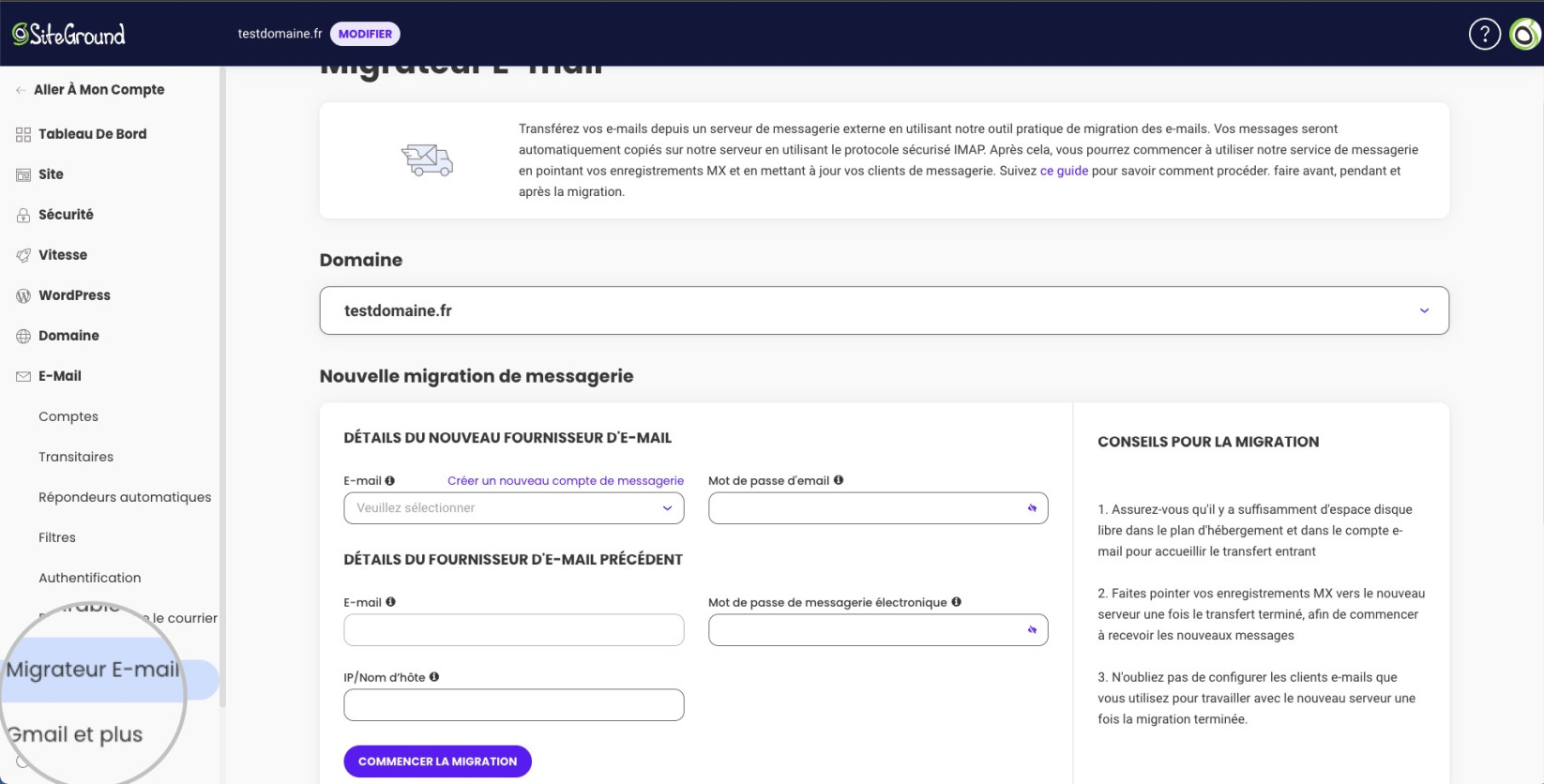 Migrateur e-mail dans Site Tools 