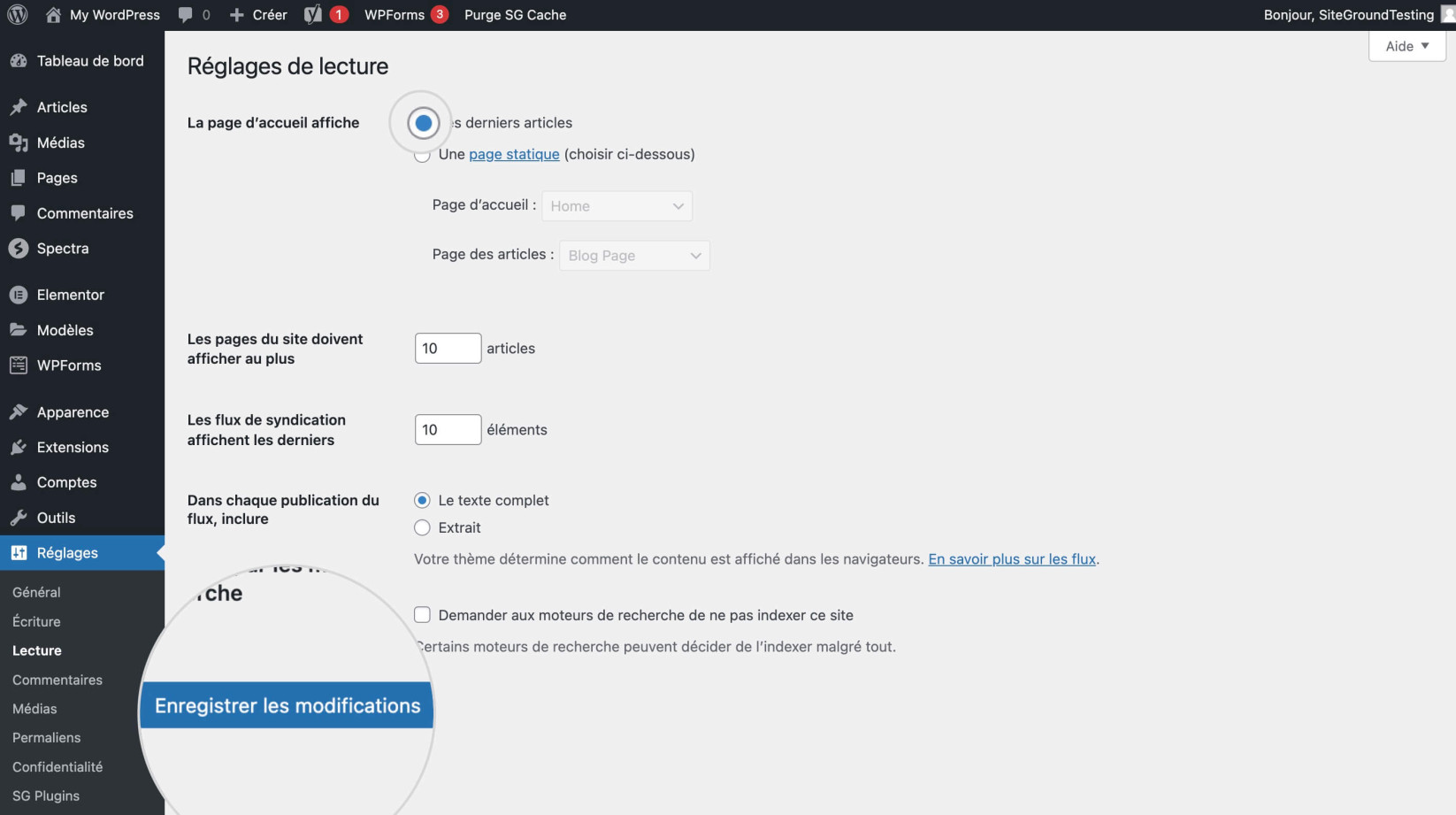 Capture d’écran montrant comment définir votre dernier message comme page d’accueil