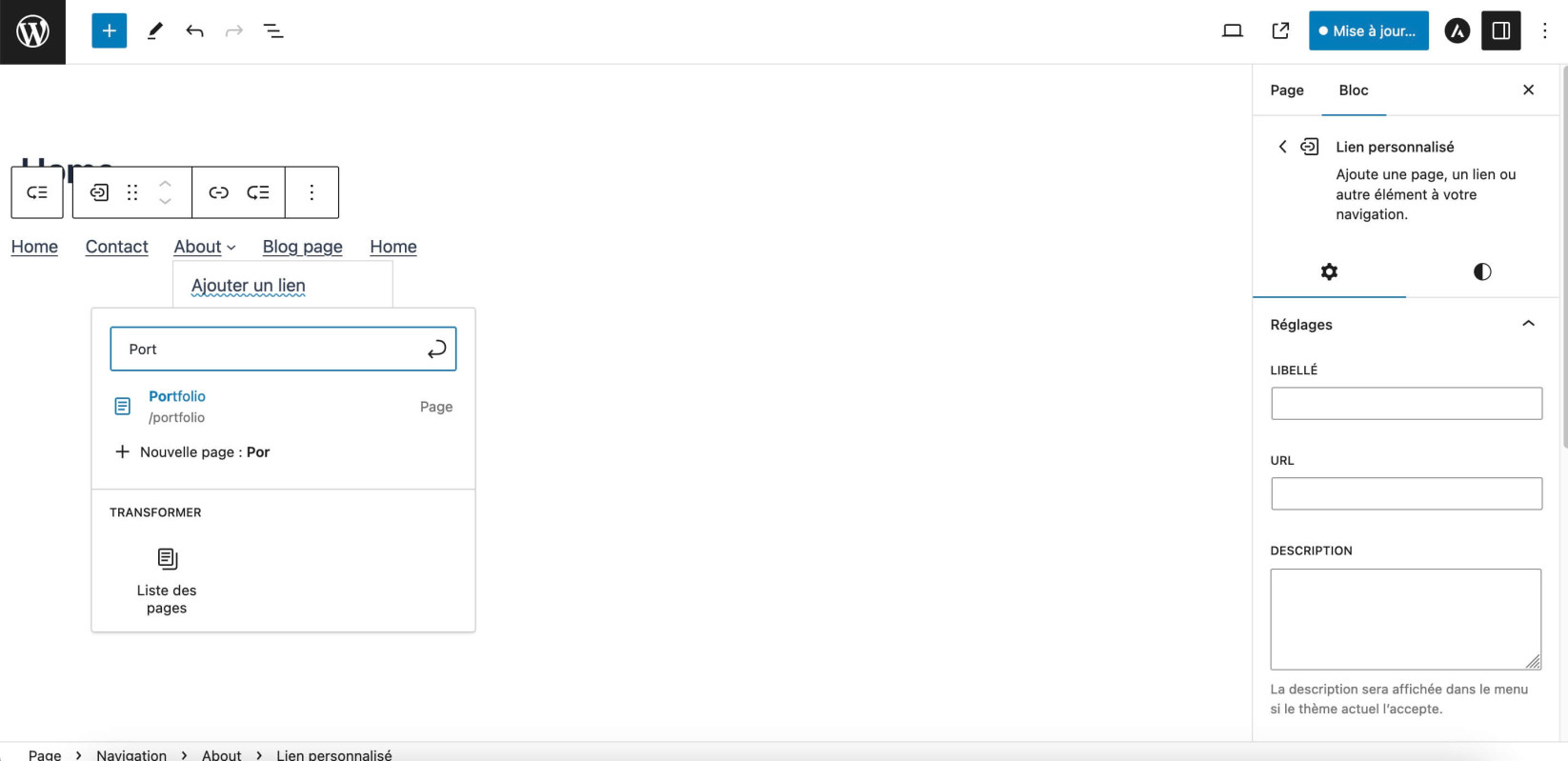 Capture d'écran montrant comment sélectionner les liens de pages à ajouter à votre sous-menu