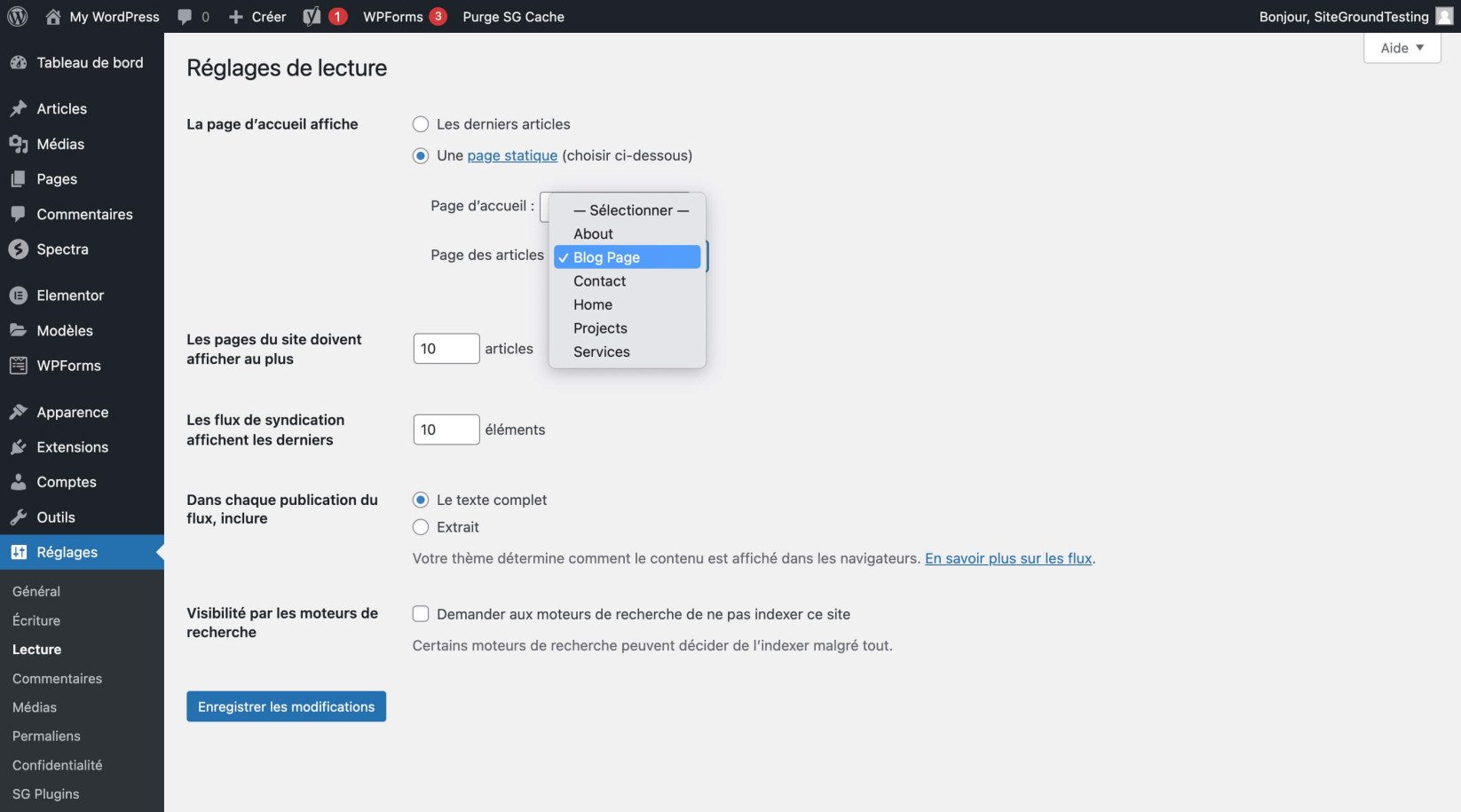 Capture d’écran montrant une liste déroulante permettant de sélectionner une page d’article de blog dans la section Paramètres de lecture de WordPress