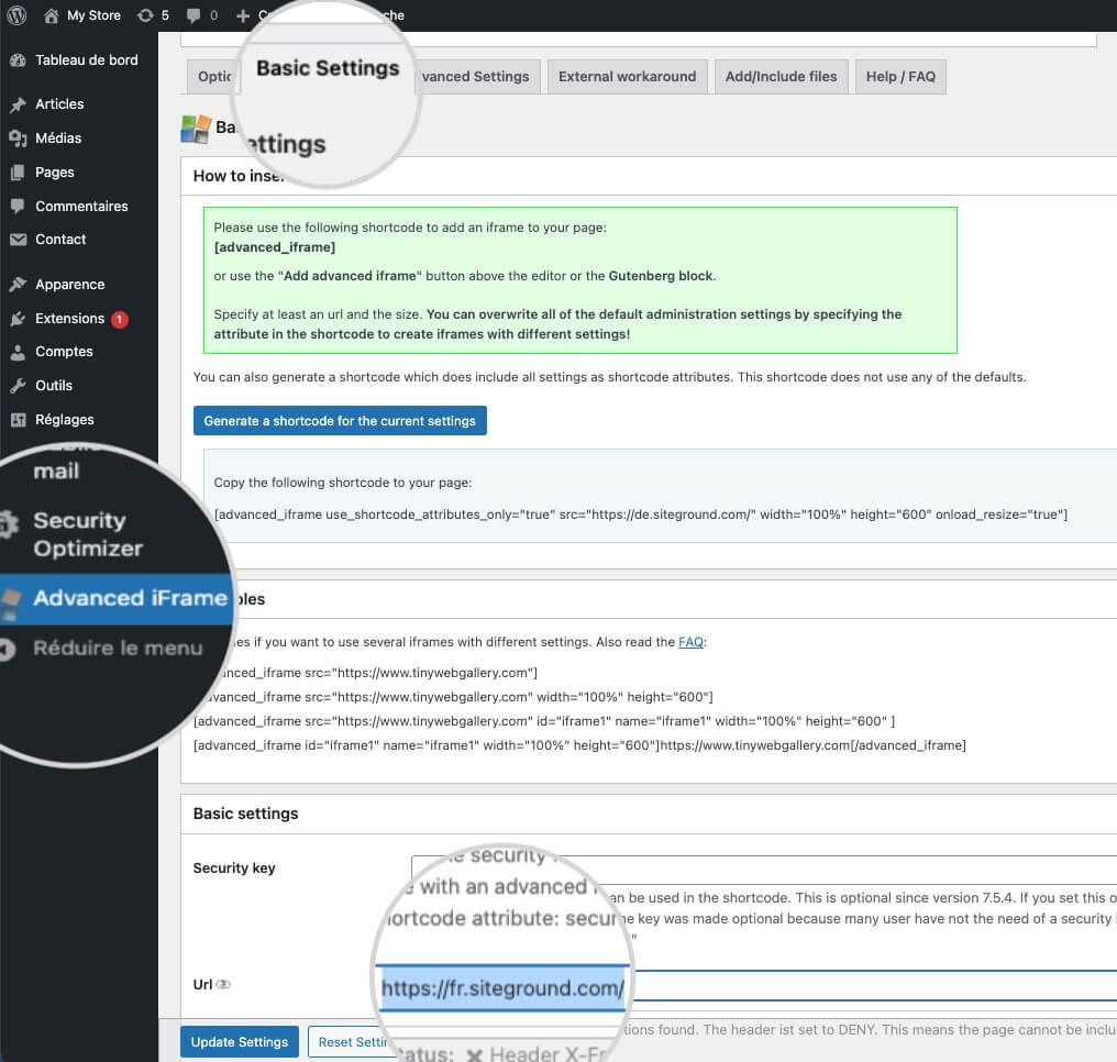 Section de plugin « Advanced iFrame » dans un tableau de bord WordPress