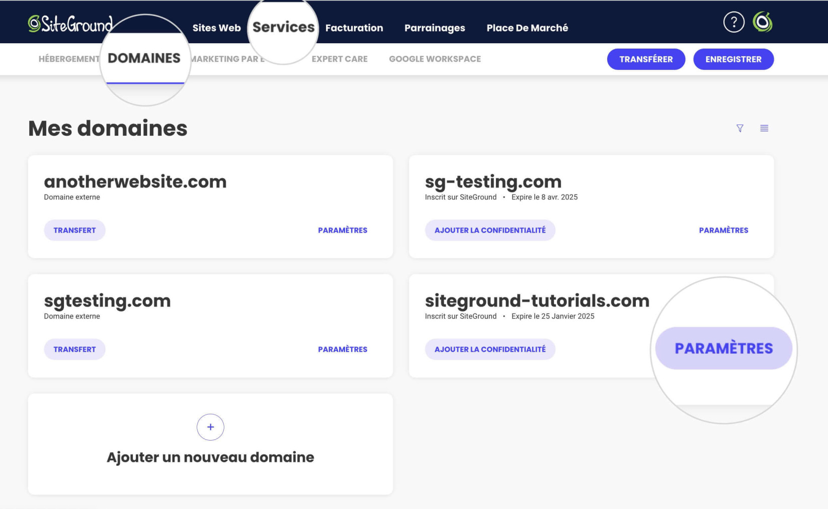 Section Domaines dans l’espace client de SiteGround