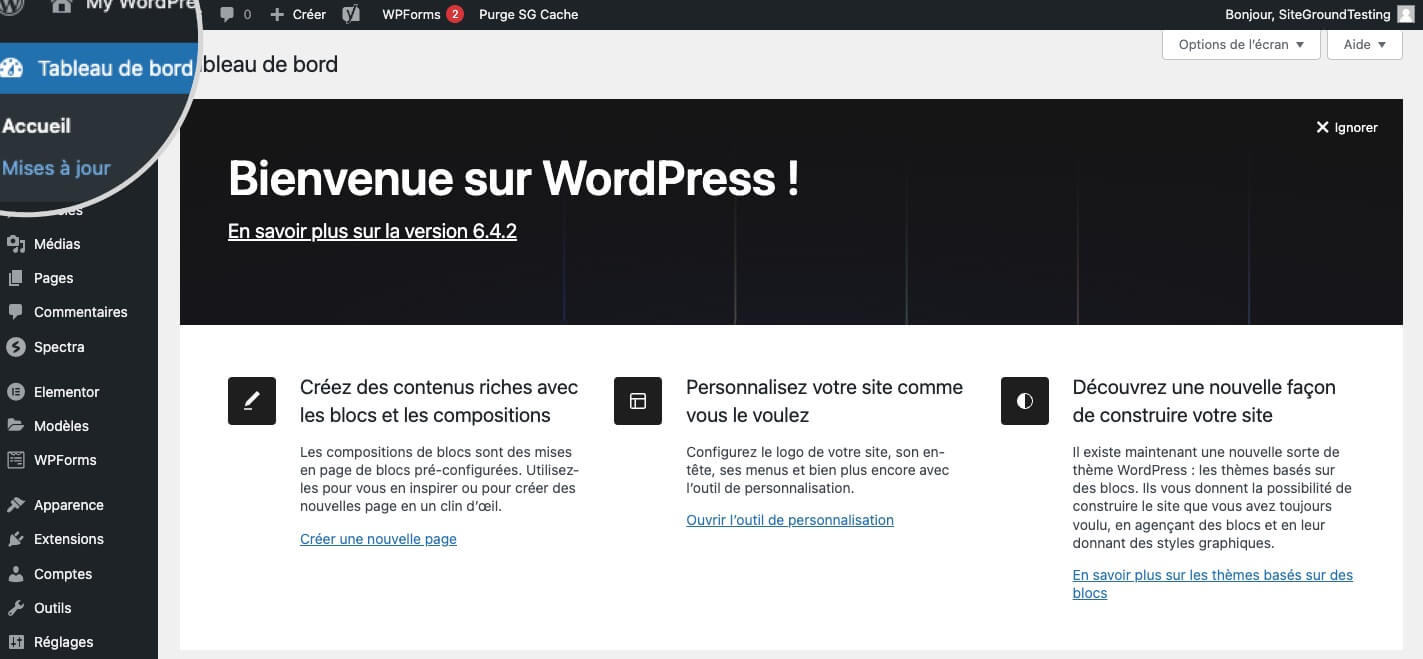 Capture d’écran de la section Mises à jour de WordPress dans le tableau de bord
