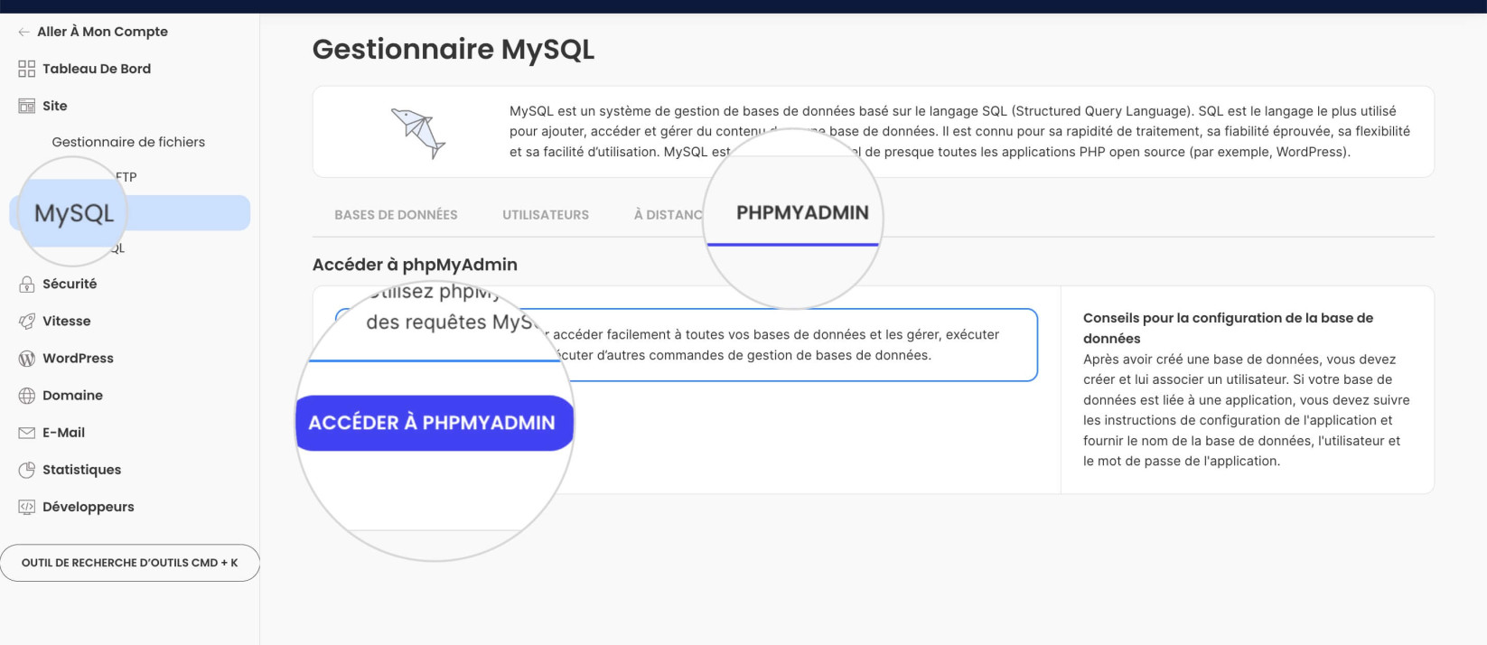 Section phpMyAdmin dans Site Tools 