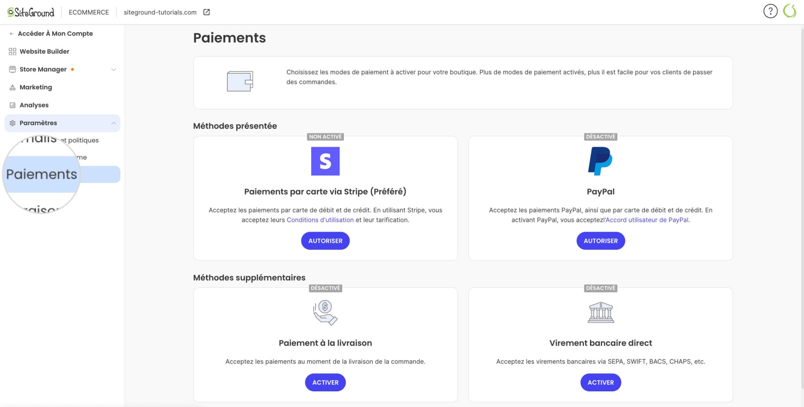 Section Paiements dans SiteGround Ecommerce