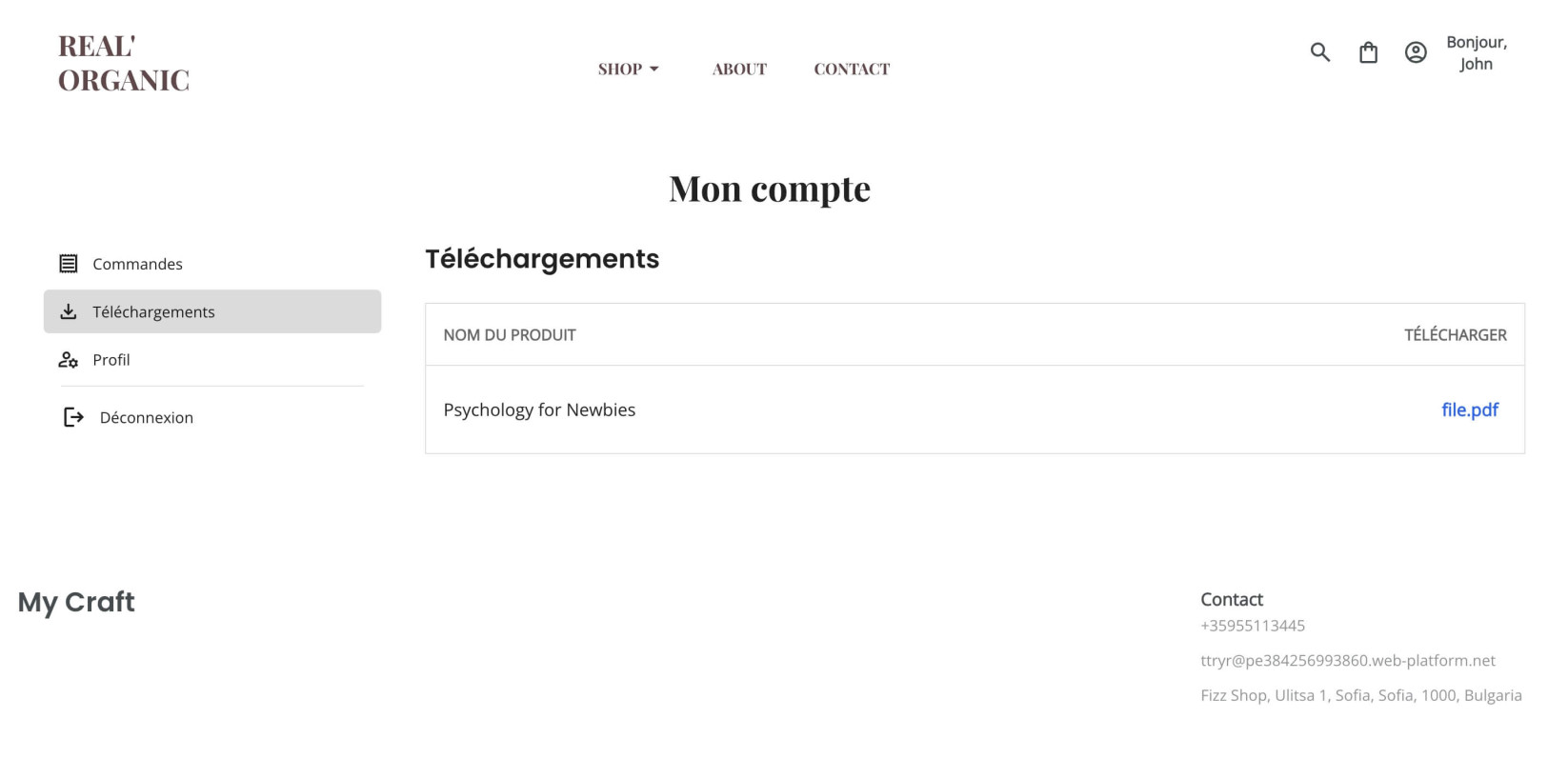 Page de téléchargements du compte client affichant un produit numérique acheté avec un lien de téléchargement.