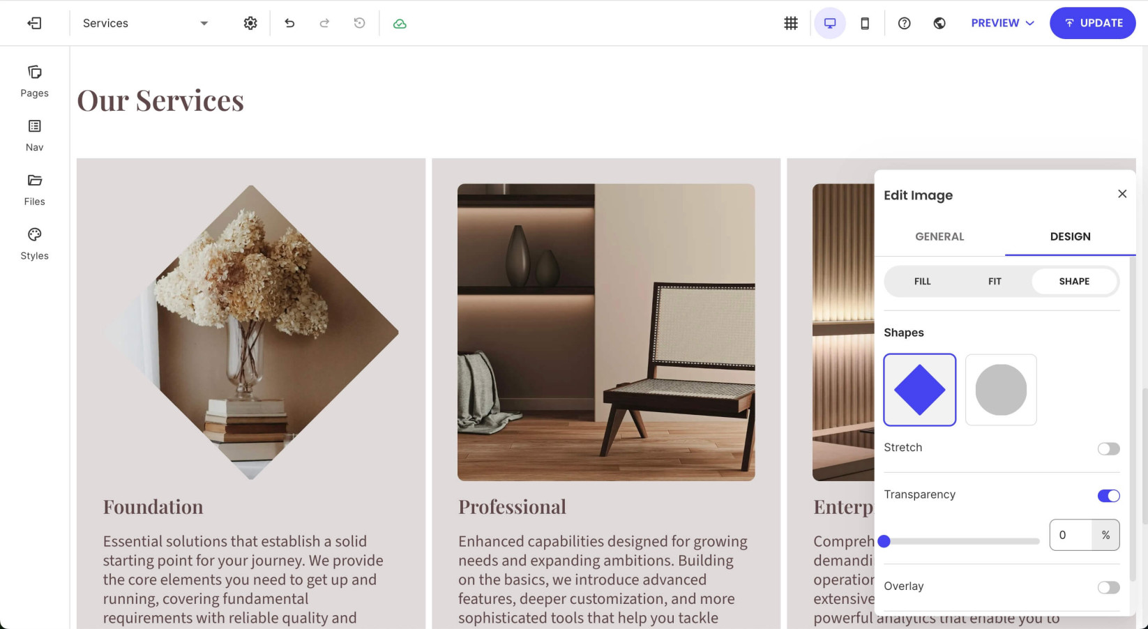 A page in Website Builder with a selected image displaying the image shape options in a settings window
