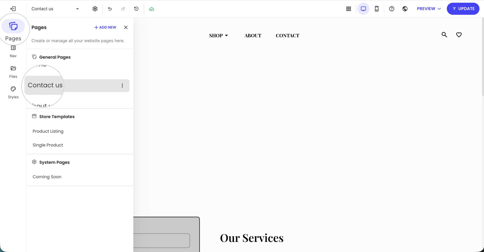 Pages section in Website Builder with a selected page
