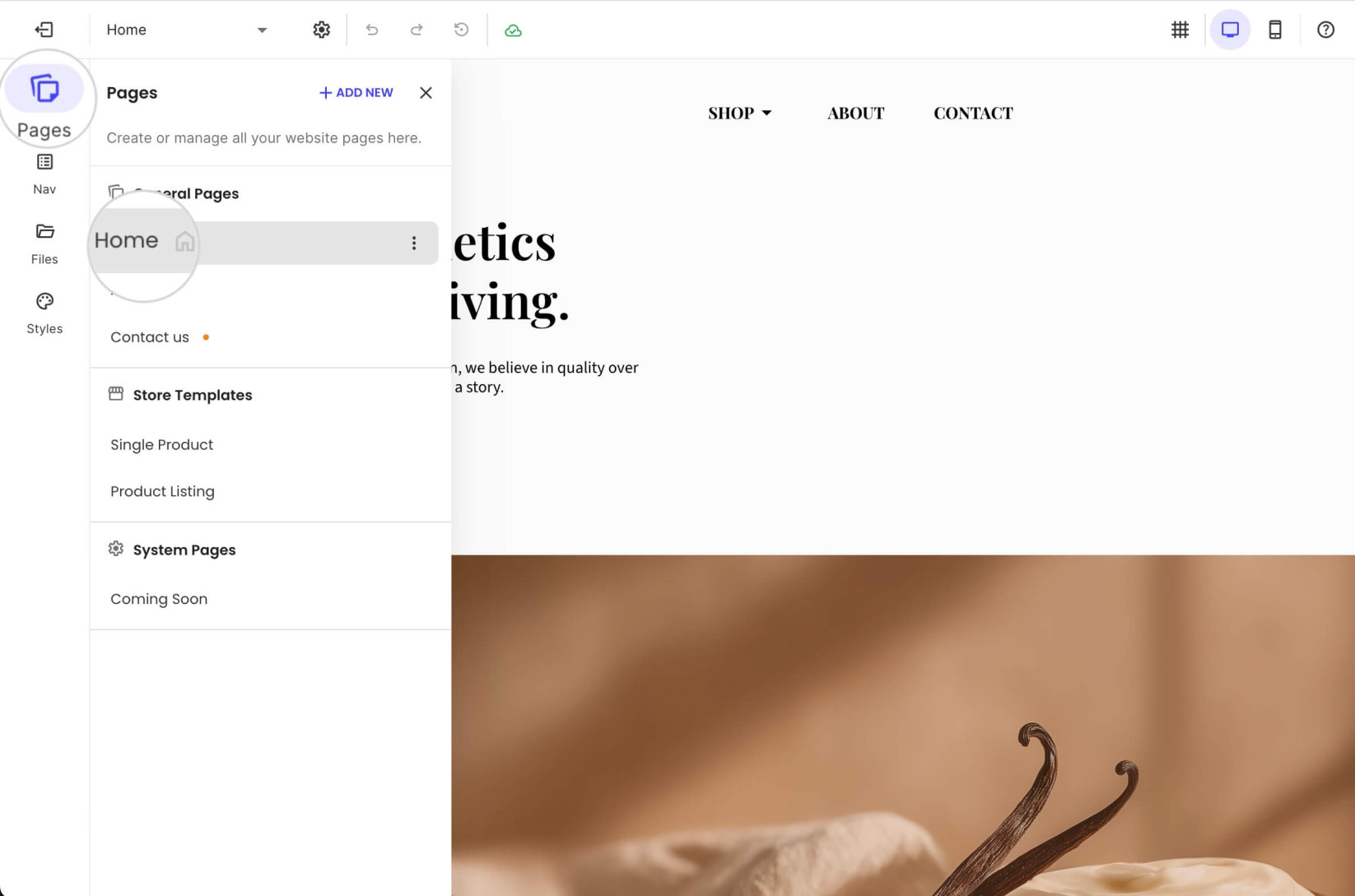 Pages section in the website builder of Ecommerce where a page is selected
