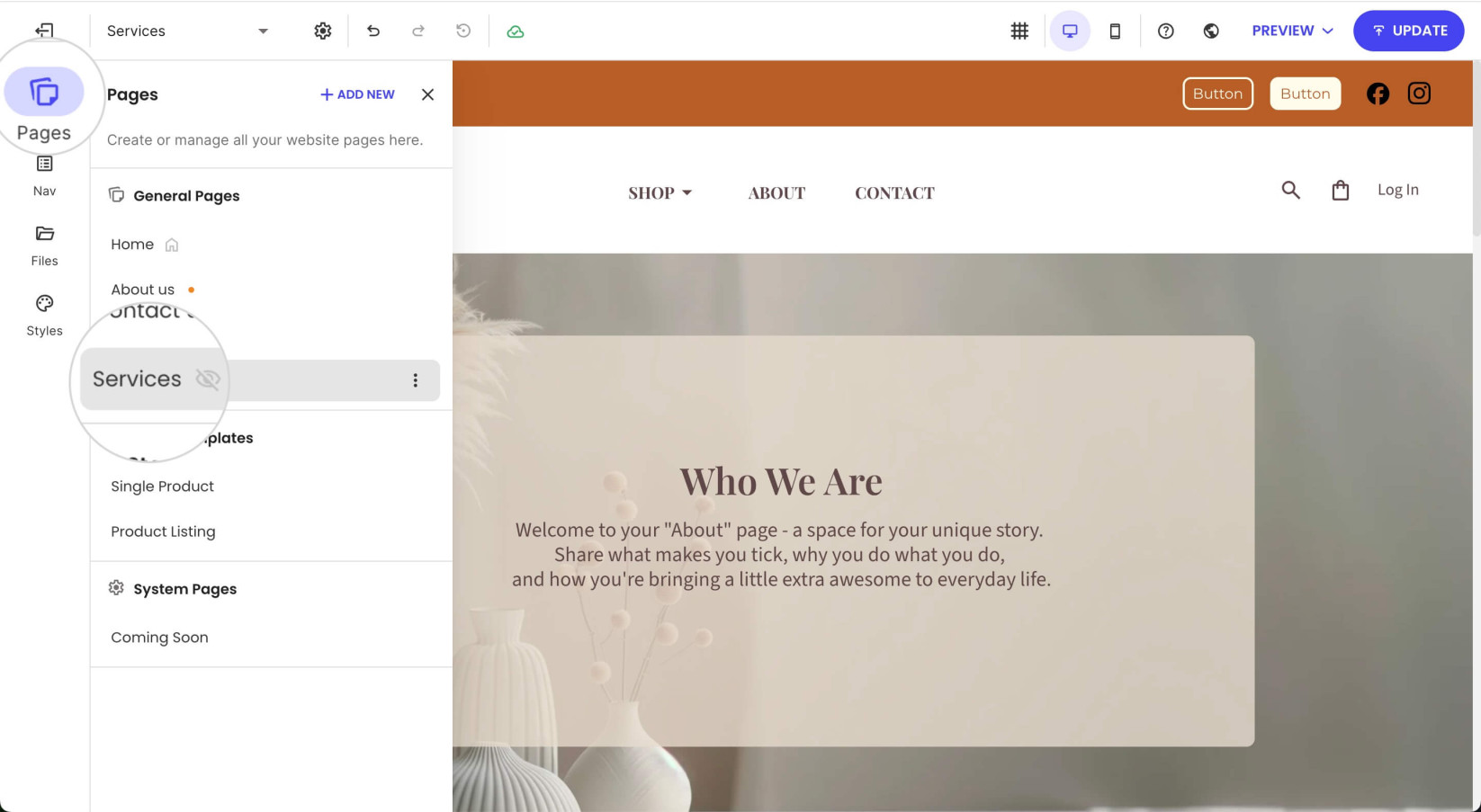 Pages tab in Website Builder with a selected page to edit