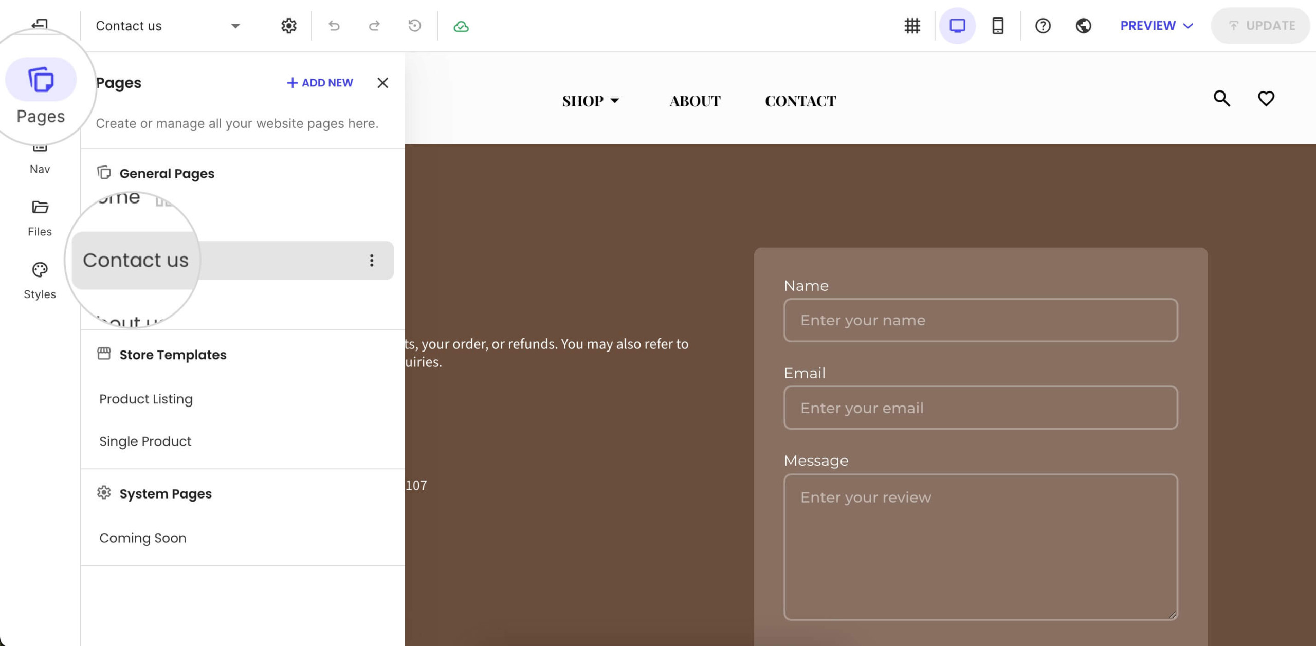 Panneau Pages de SiteGround Website Builder avec la page Contact us sélectionnée pour modification.
