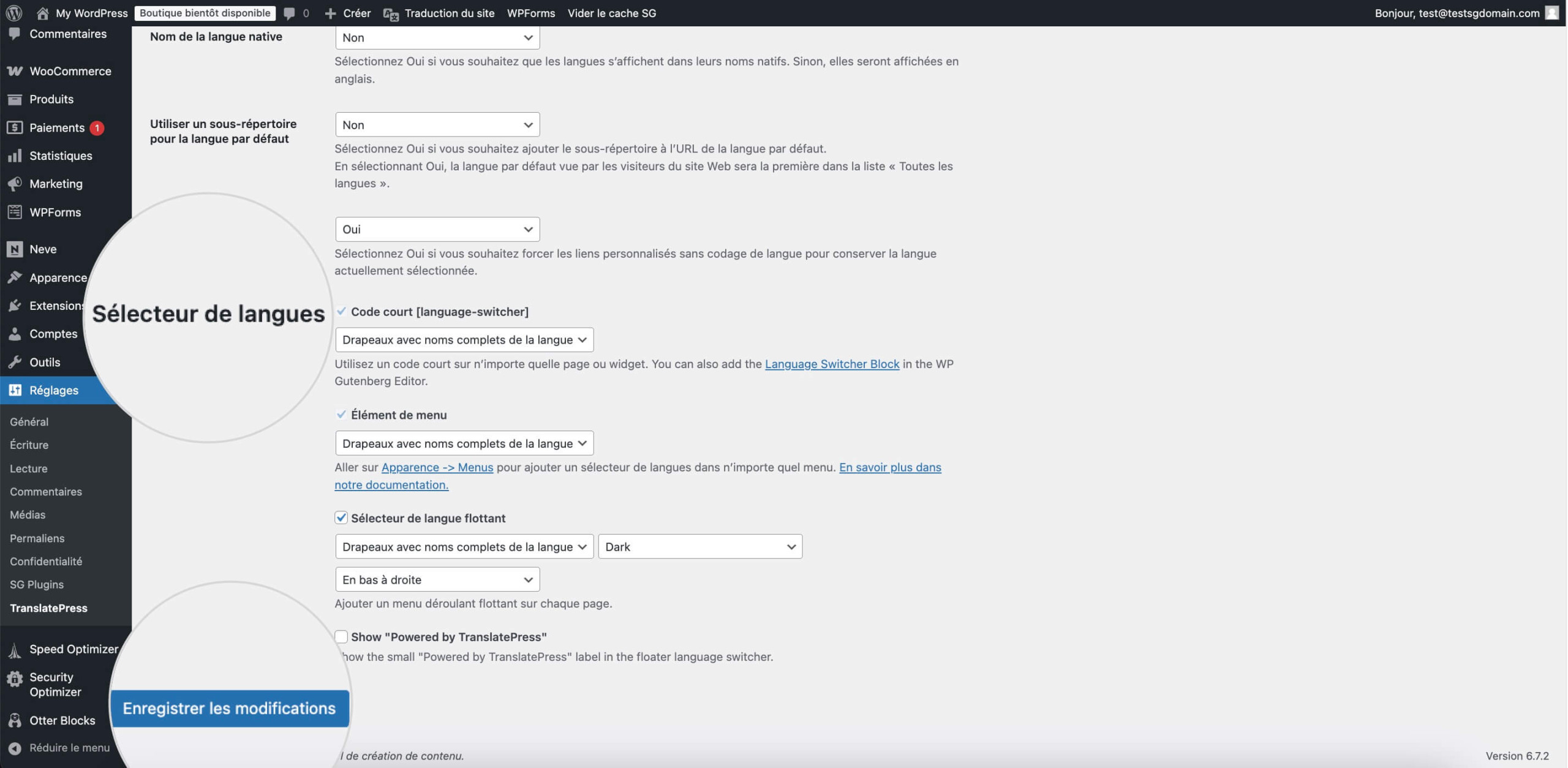 Sélecteur de langue flottant dans WordPress pour une navigation multilingue fluide.