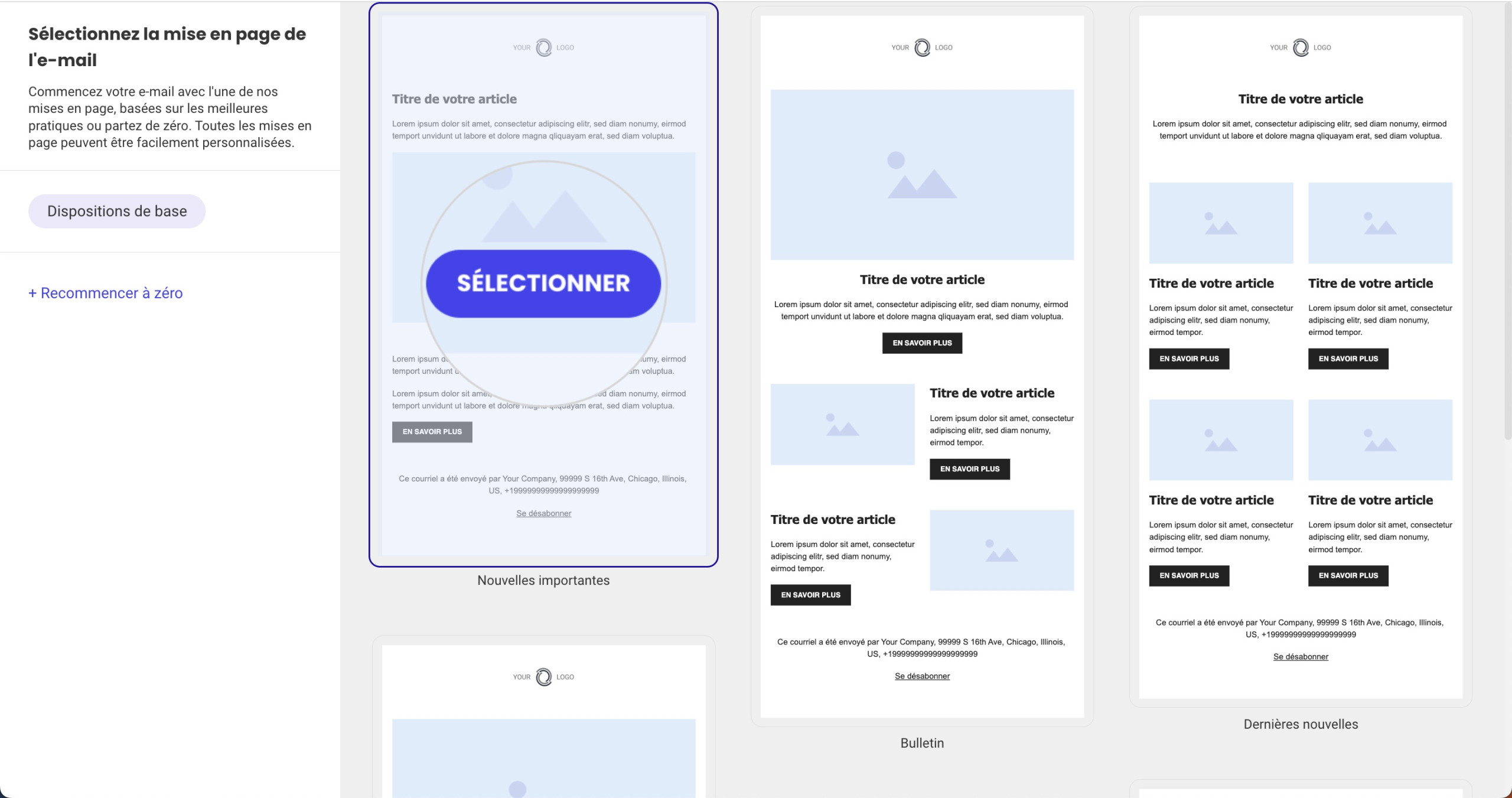 Comment sélectionner une mise en page simple pour un nouvel email de campagne