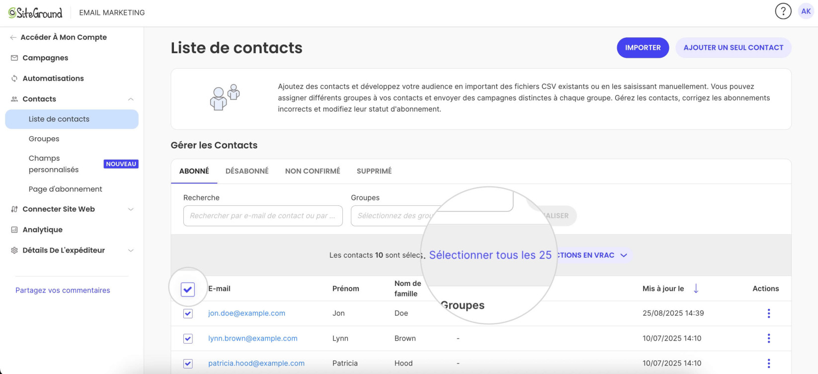 Liste de contacts avec plusieurs abonnés sélectionnés et un message indiquant le nombre de contacts actuellement sélectionnés.