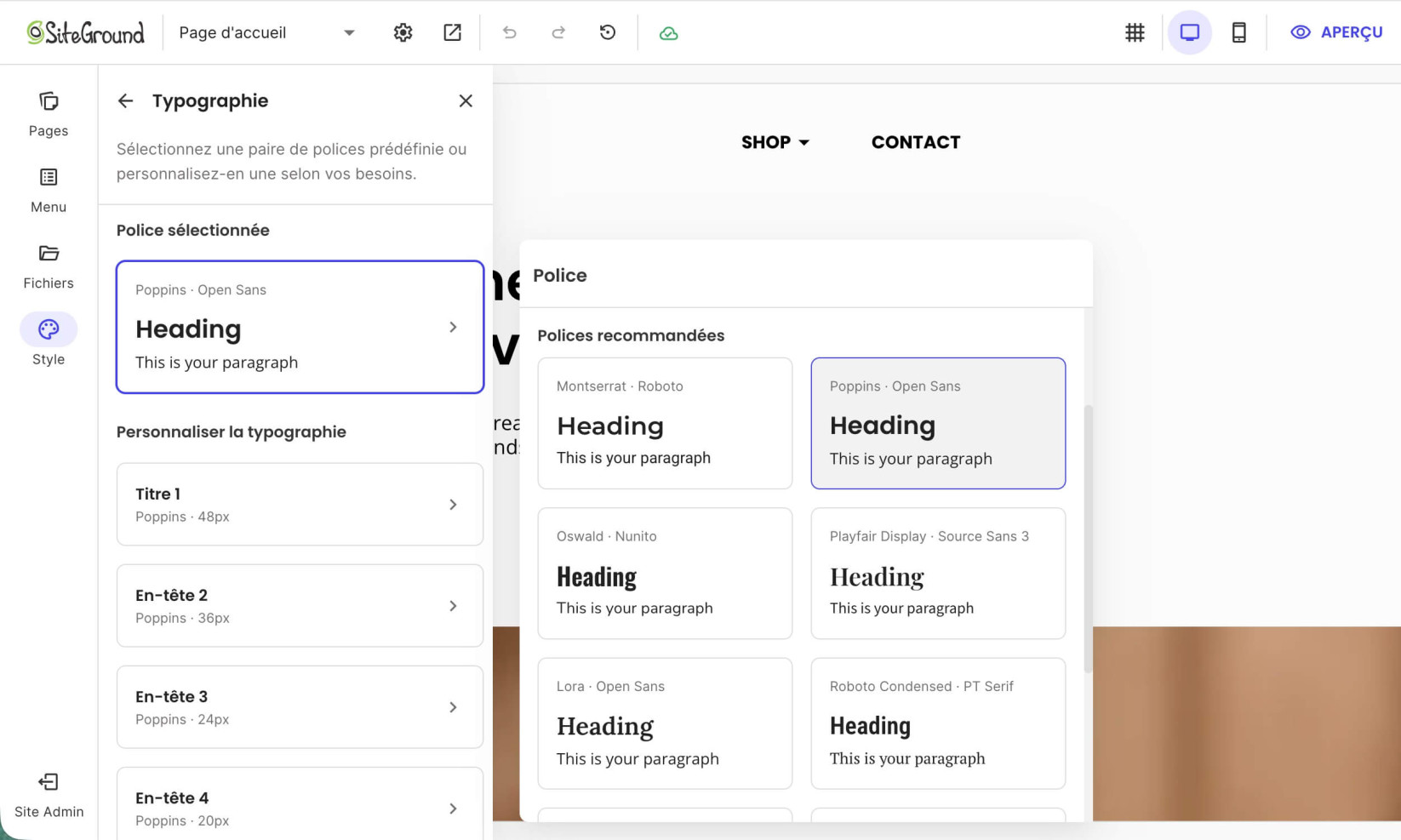 Modèles de font pairs dans Website Builder