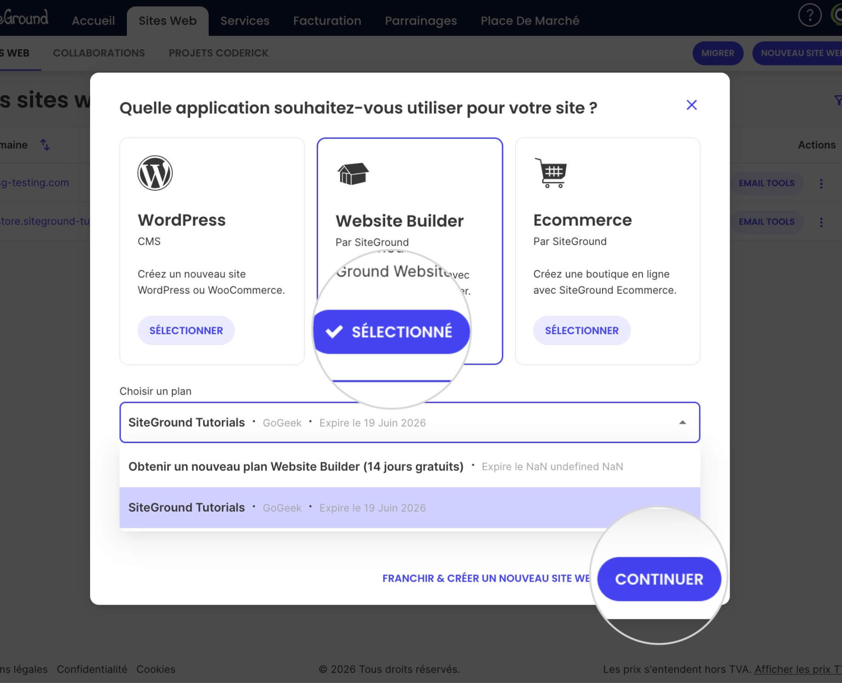 Assistant de nouveau site web avec une option Website Builder sélectionnée