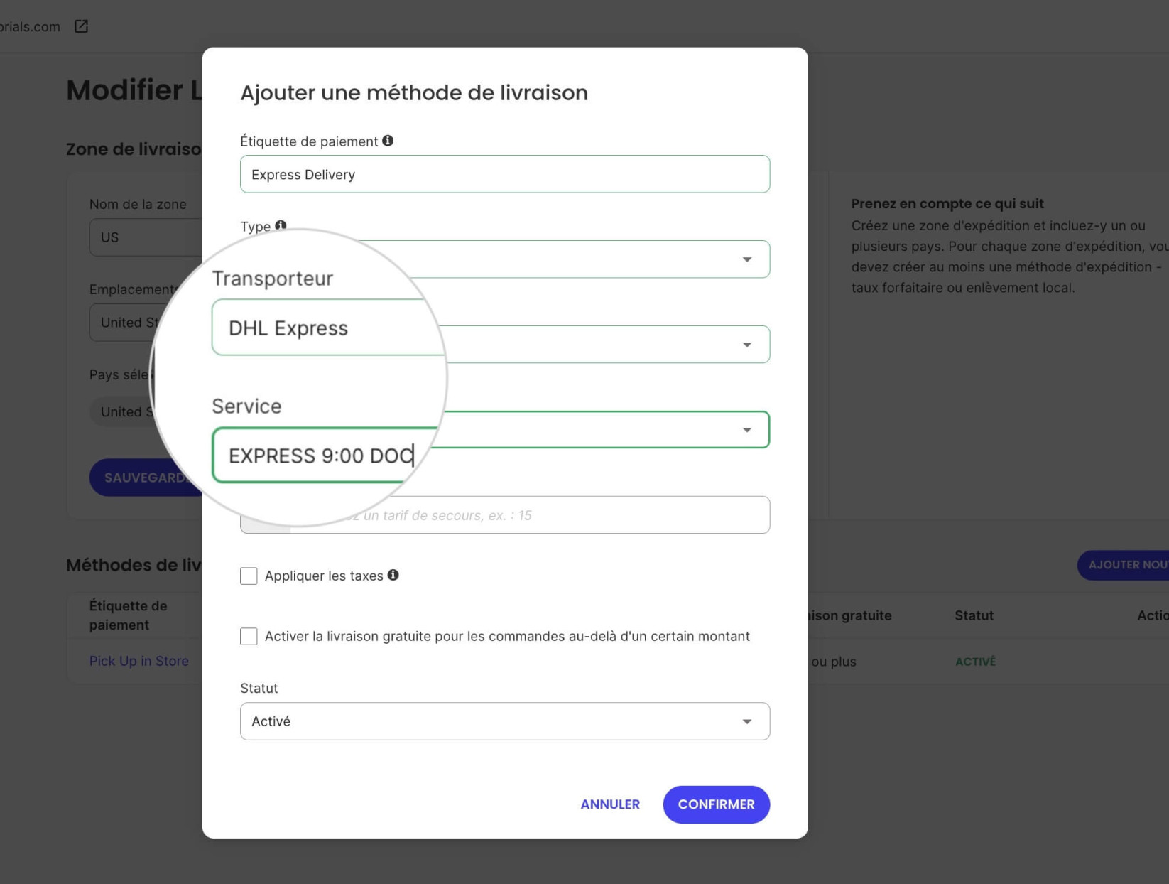 Une fenêtre pop-up pour configurer la méthode d'expédition Tarif en temps réel où le transporteur et le service sont sélectionnés