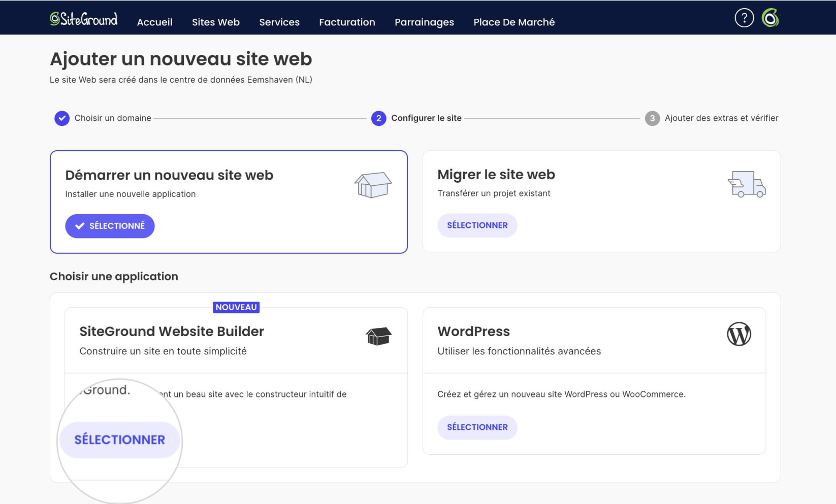Comment sélectionner SiteGround Site Builder pour un nouveau site web
