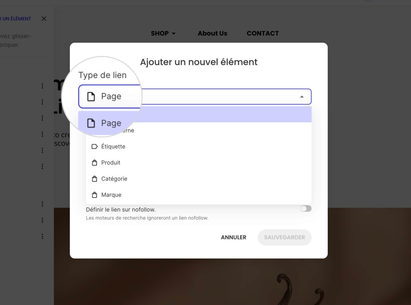 Une fenêtre contextuelle pour ajouter un élément de menu avec le type de lien Page sélectionné