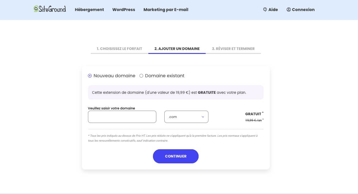 Choisir un domaine gratuit lors de la configuration d'un nouveau compte sur SiteGround