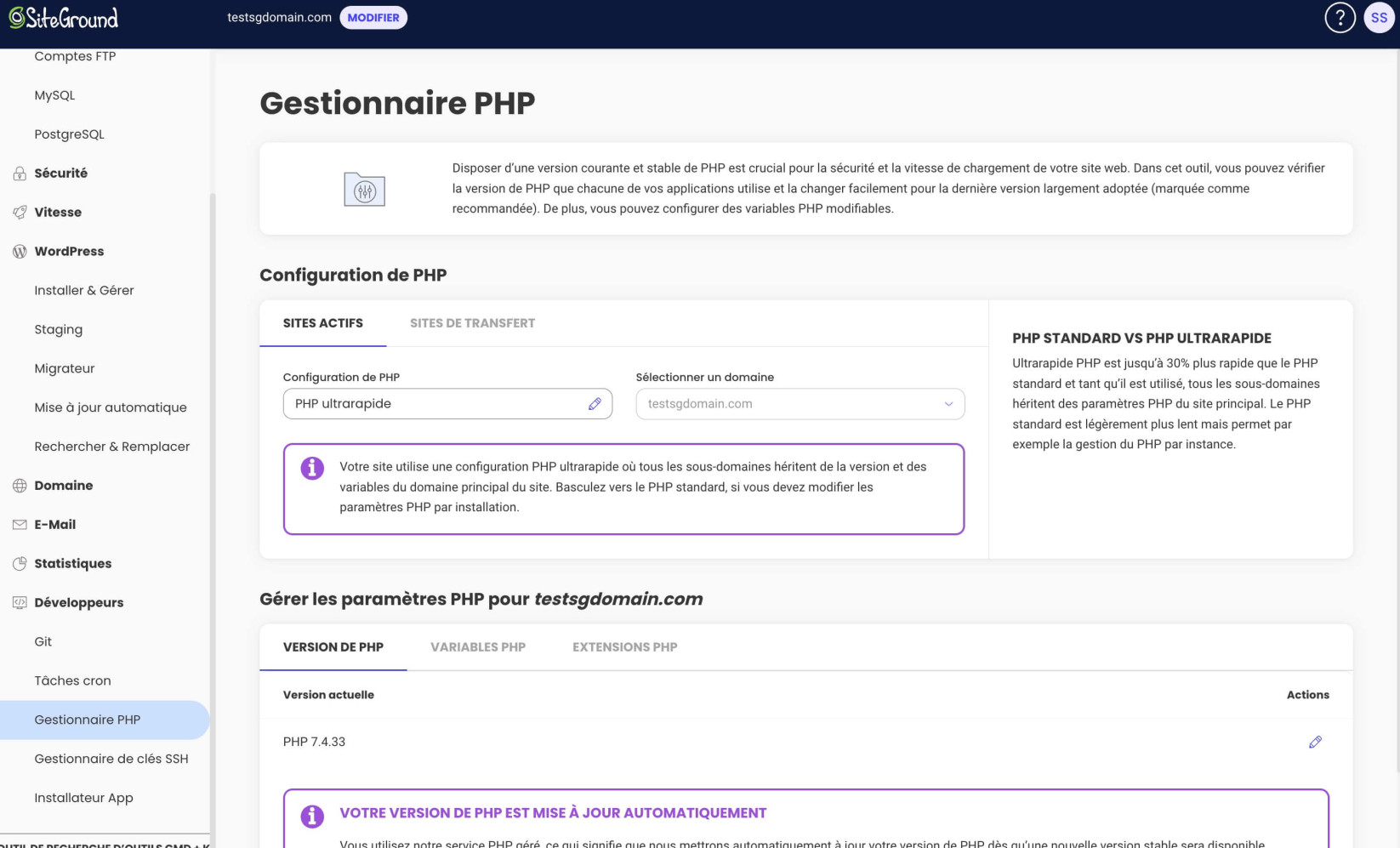 Capture d'écran affichant le service PHP géré dans les outils du site