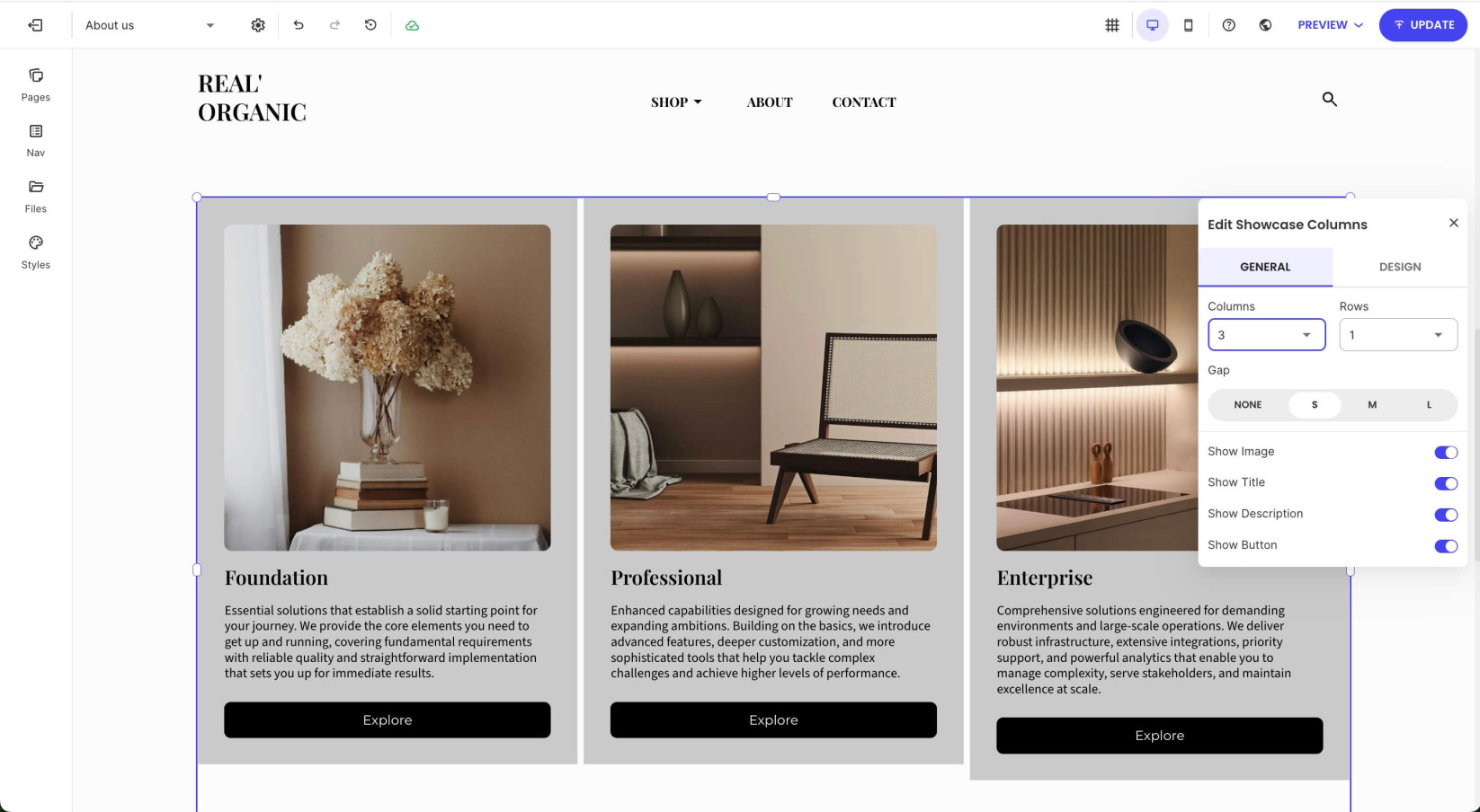 A page in Website Builder showing a template section from the Services category