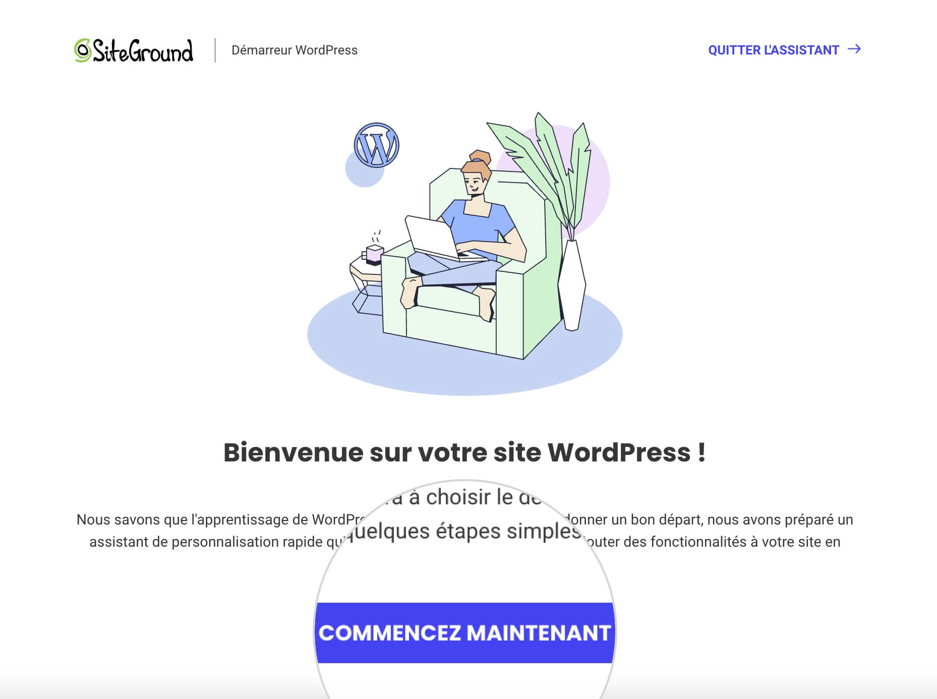 Démarrage du processus de configuration du site WordPress dans SiteGround Central.