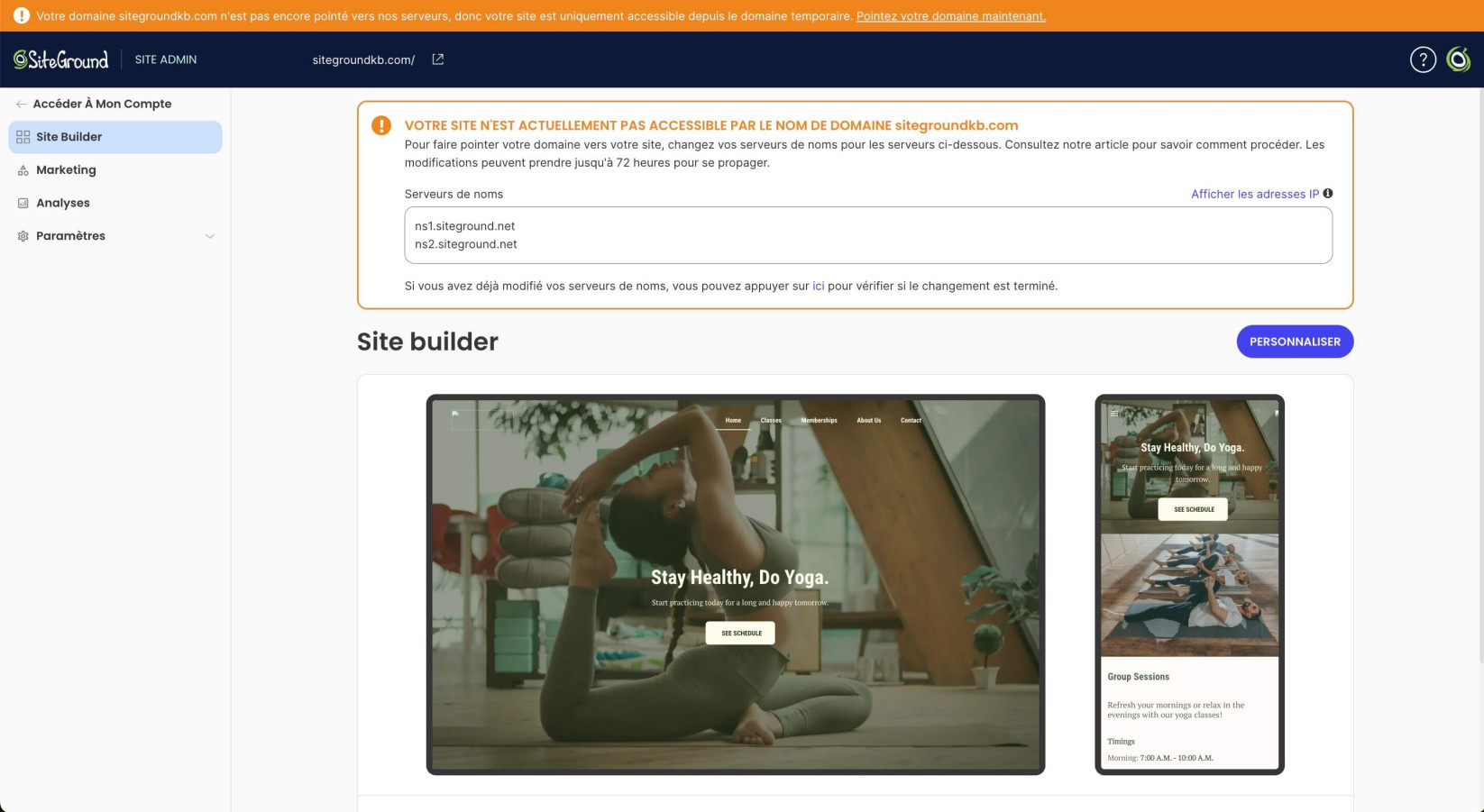 Avertissement DNS dans SiteGround Site Builder 