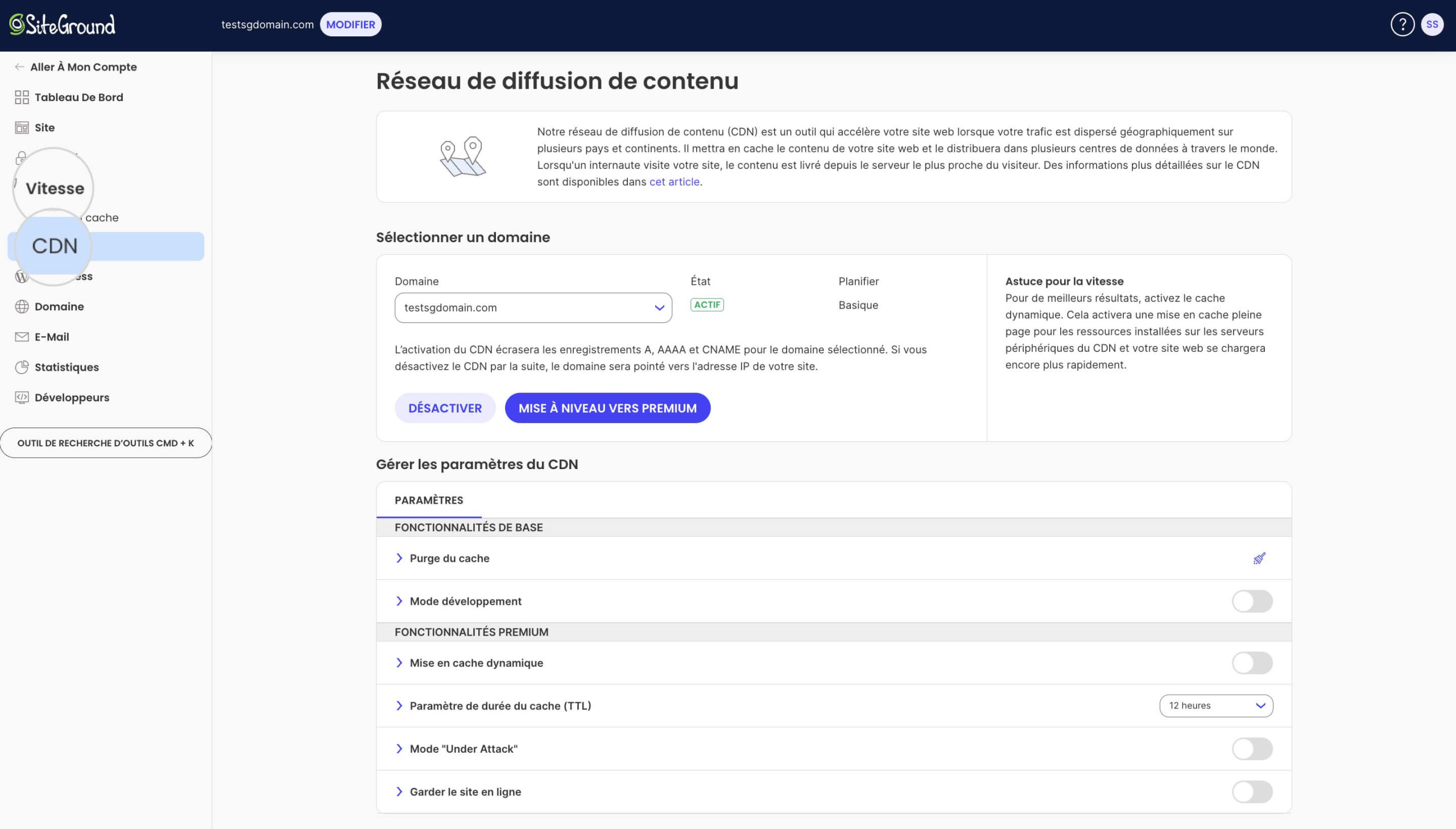 Une capture d'écran de l'outil SiteGround CDN dans les outils du site
