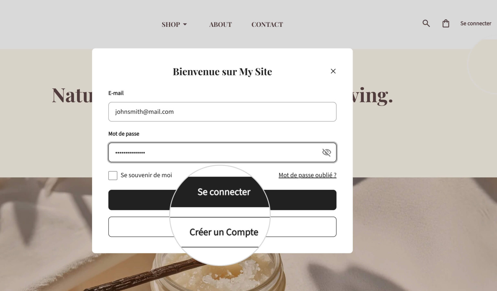 Boîte de dialogue de connexion pour un site e-commerce avec des champs pour l'email et le mot de passe, option se souvenir de moi, et bouton créer un compte.