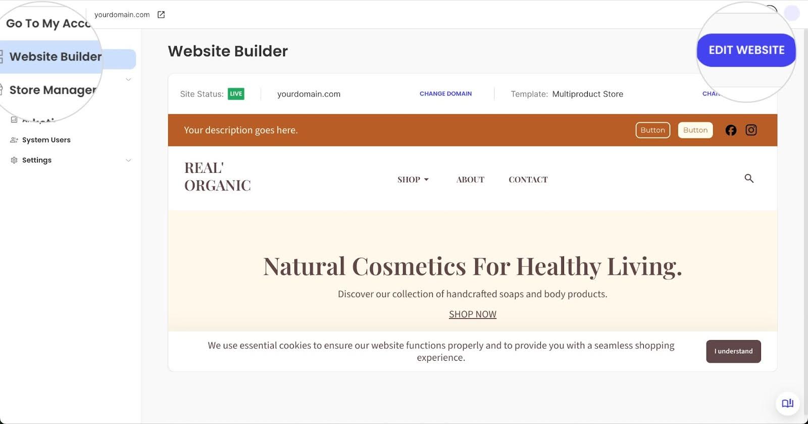 Dashboard of the SiteGround Website Builder showing a live "REAL' ORGANIC" store with an "EDIT WEBSITE" button.