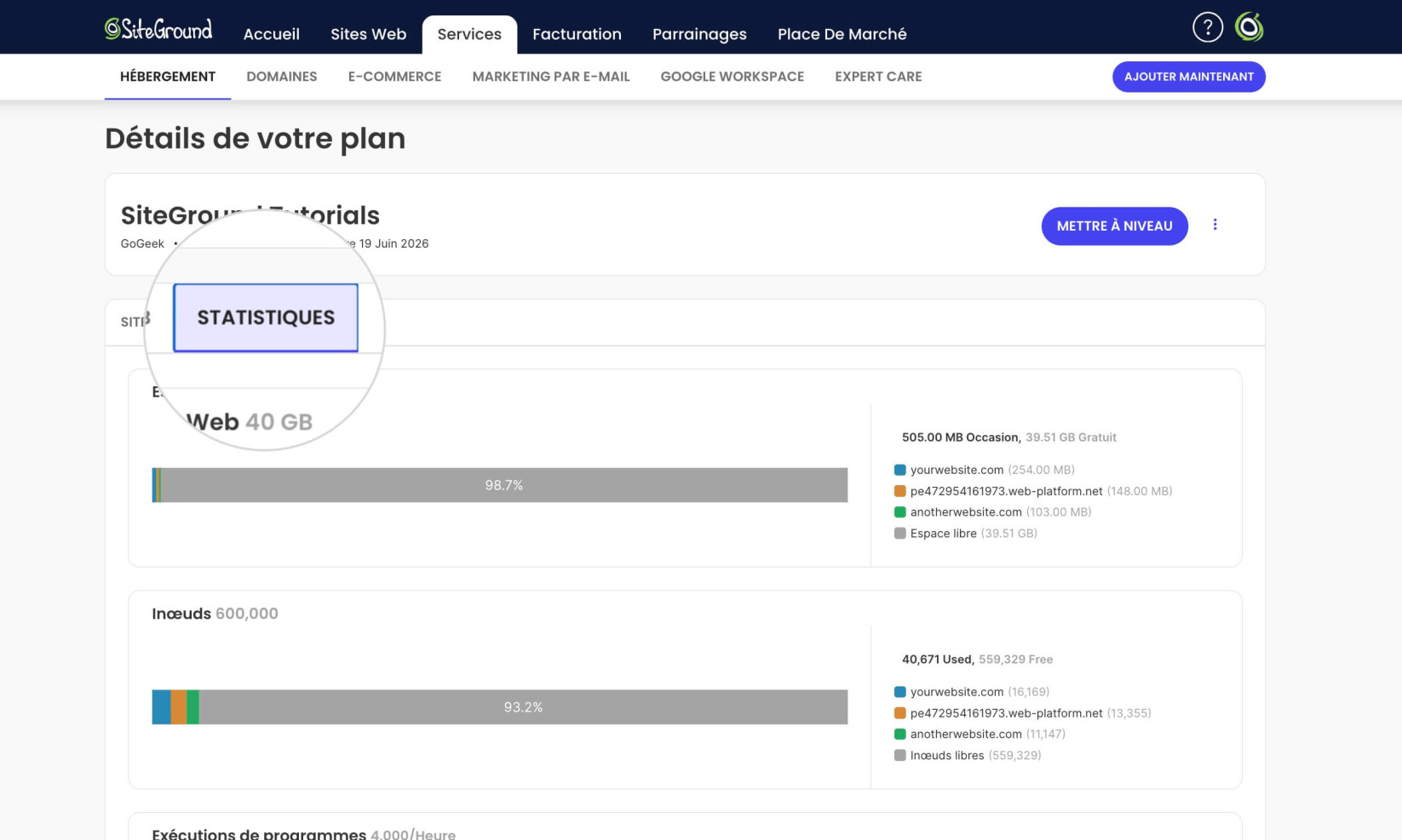 Page des statistiques du plan d'hébergement dans l'Espace Client de SiteGround
