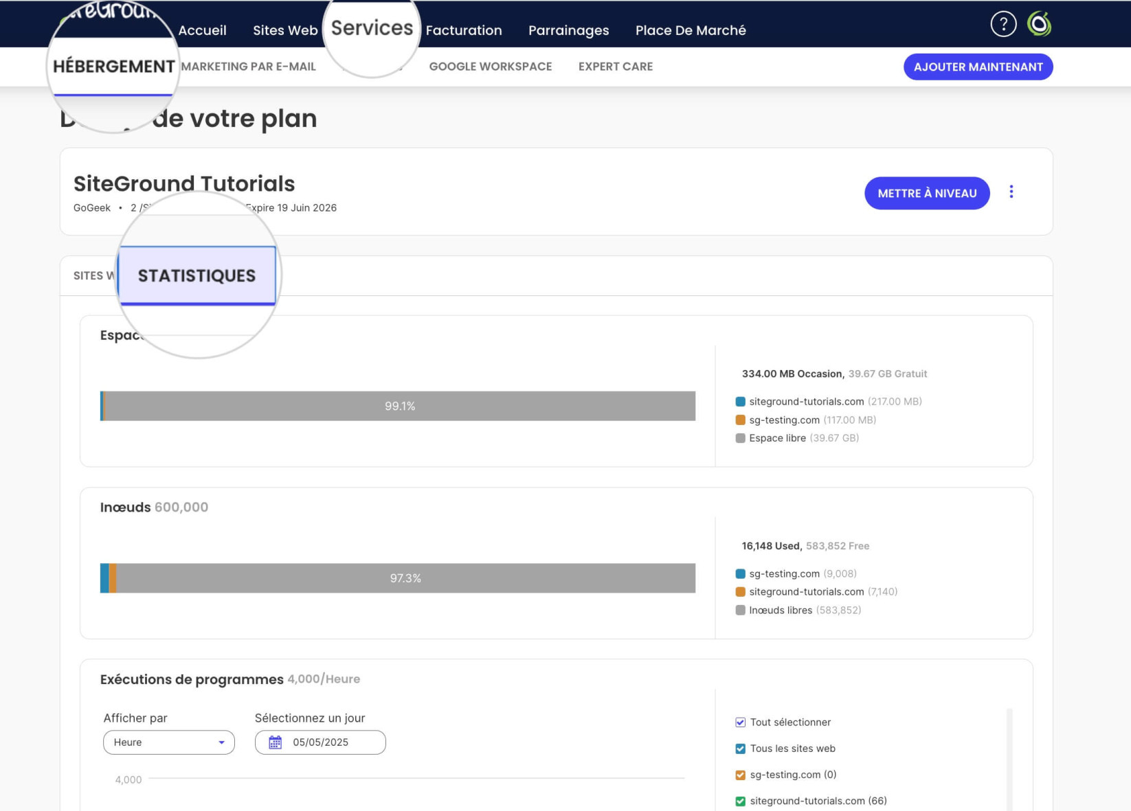 Statistiques d'utilisation des ressources pour un plan d'hébergement dans l'Espace Client SiteGround