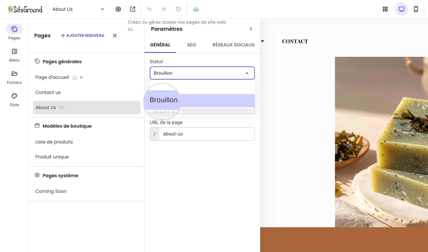 Menu Statut dans Website Builder où vous pouvez définir le statut de la page sur Brouillon