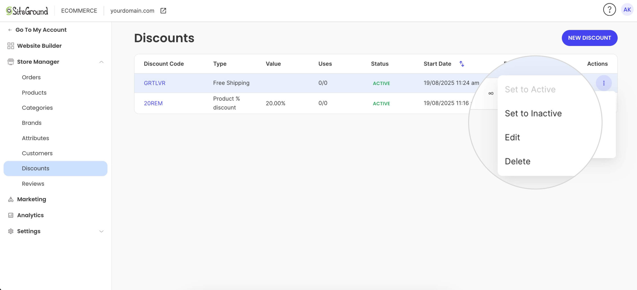 The Discounts page in the SiteGround Ecommerce Store Manager, showing a list of active discount codes with their type, value, usage, status, start date, and actions, and a “New Discount” button in the top-right corner.
